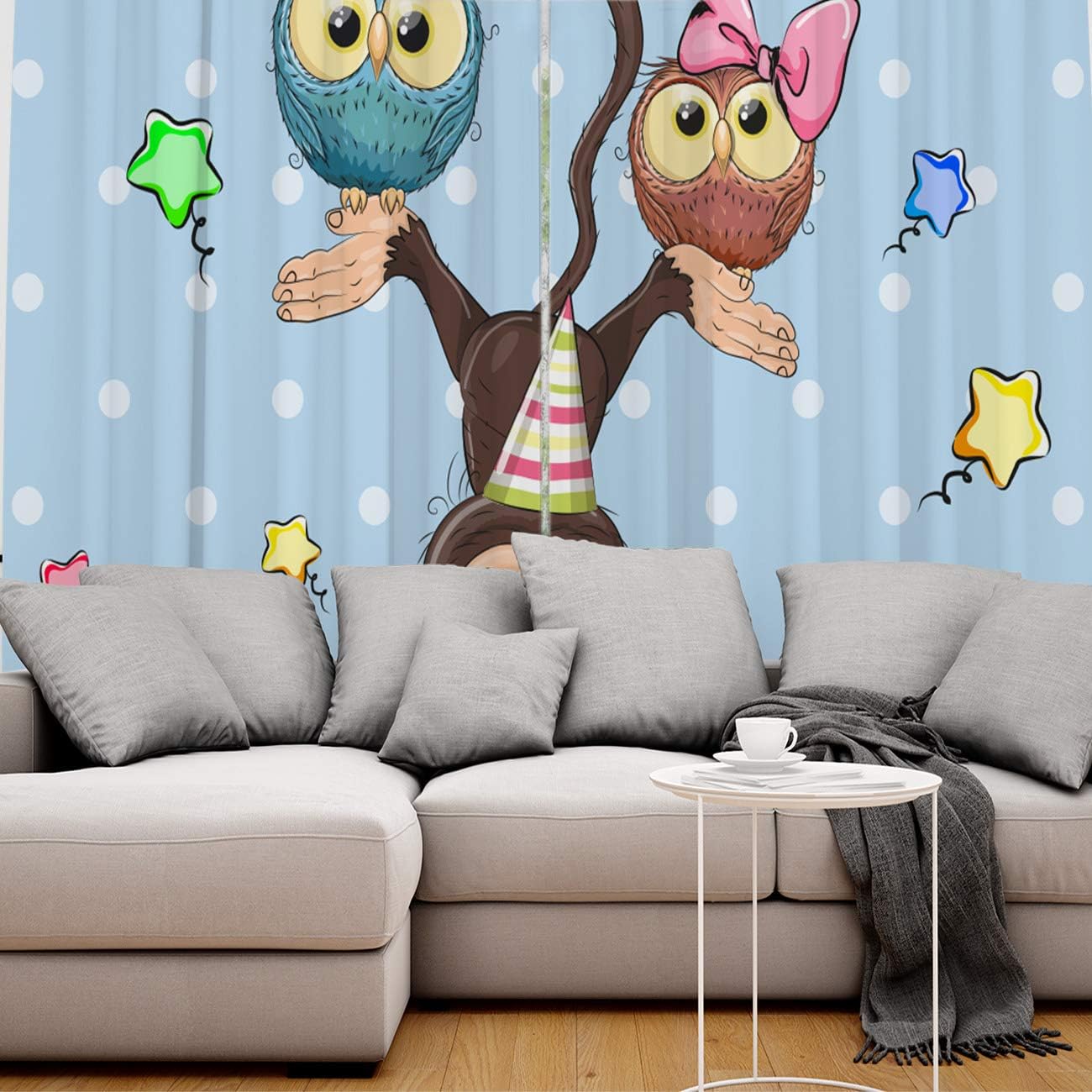 FortuneHouse Blackout Curtains Thermal Insulated Birthday Blessing Cute Monkey Owls Stars Solid Pattern Metal Grommet Elegant Room Drapes Window