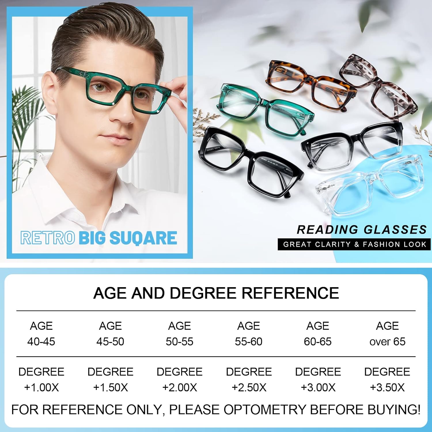 MARE AZZURO Anteojos de lectura cuadrados retro 1.00 para hombres grandes 100 125 150 175 200 225 250 275 300 350 400 500 600 (verde, 1.0)