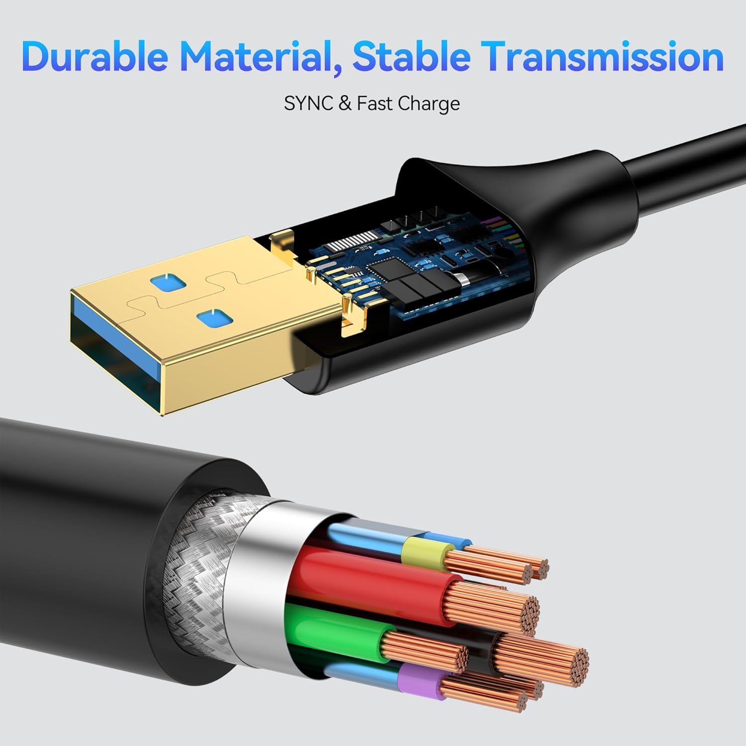 Cable de disco duro USB 3.0 de 1 pie (paquete de 3), cable de carga micro USB a USB A 3.0, enchufes chapados en oro, 5Gbps de alta velocidad,