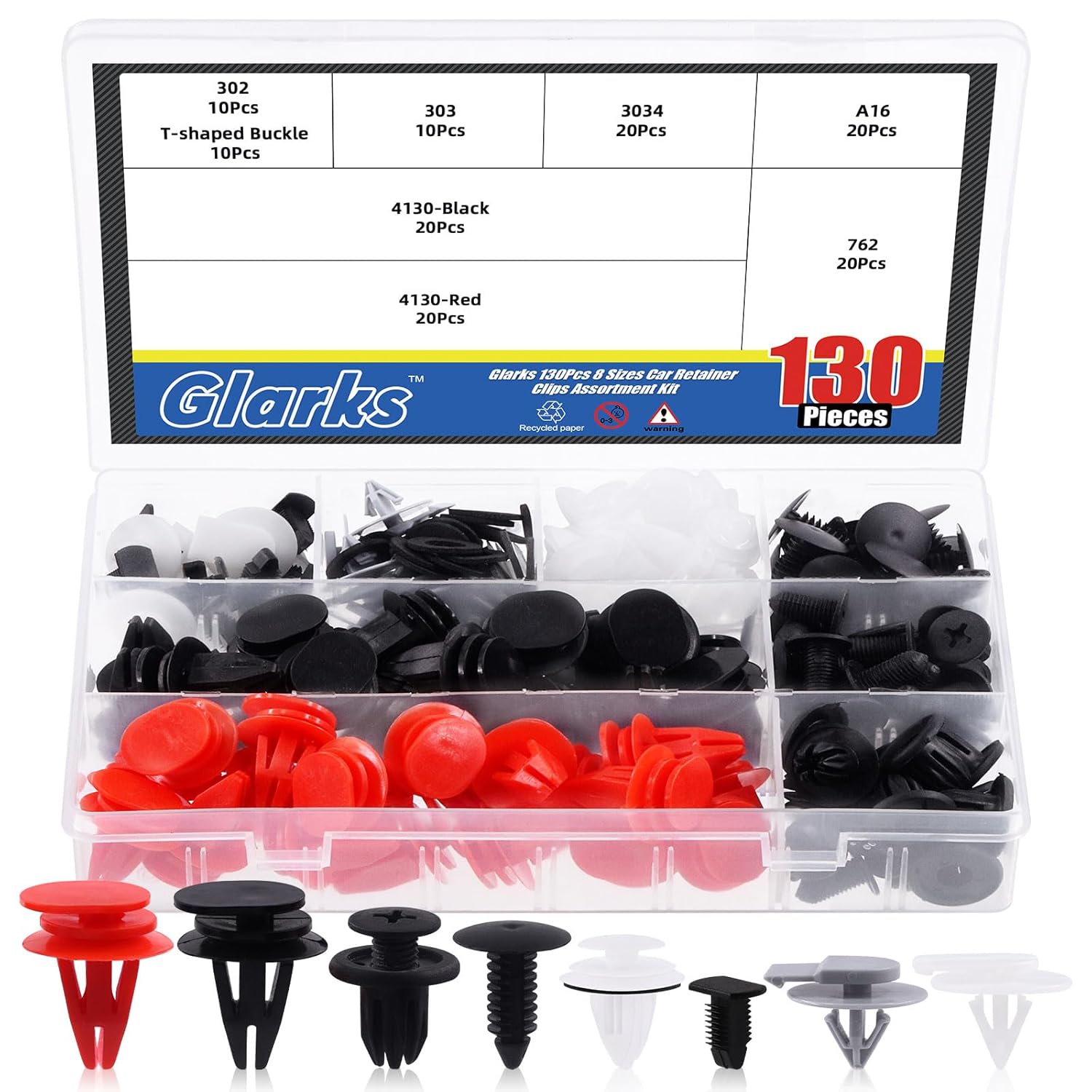 Glarks Juego de 130 clips de retención de empuje de automóvil de 8 estilos, clips de moldeo basculantes de nailon para parachoques de automóvil,