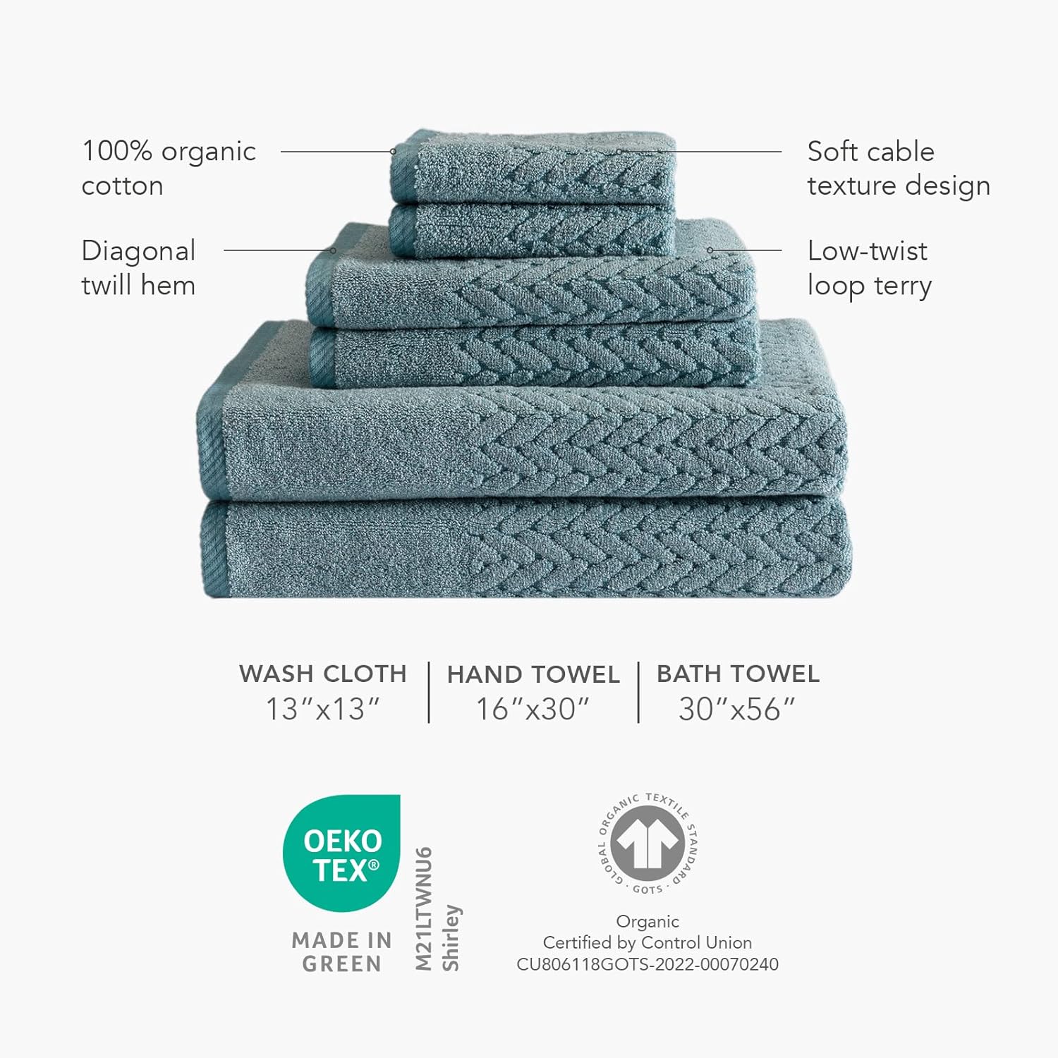 Texere – Juego de toallas de baño 100 % algodón orgánico jacquard de 21.16 ozm, extra absorbentes, de secado rápido y felpa (cable, azul estate, 4