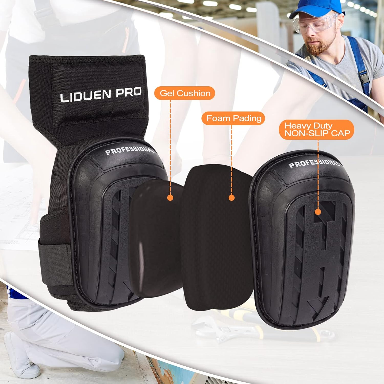 Rodilleras para el trabajo rodilleras de gel resistentes con acolchado de espuma de alta densidad y correas elásticas fuertes para construcción,