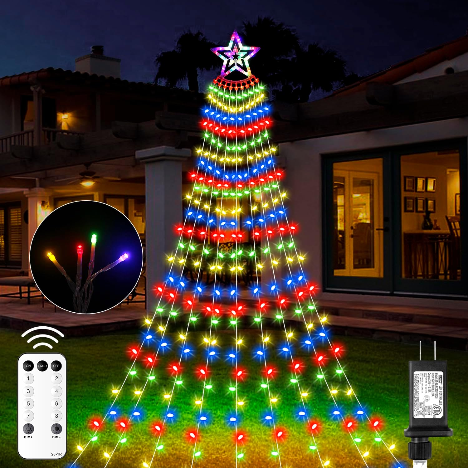 Luces de estrella para decoración de Navidad al aire libre, 11.48 pies, 350 luces LED de árbol de cascada con 8 modos de temporizador, control