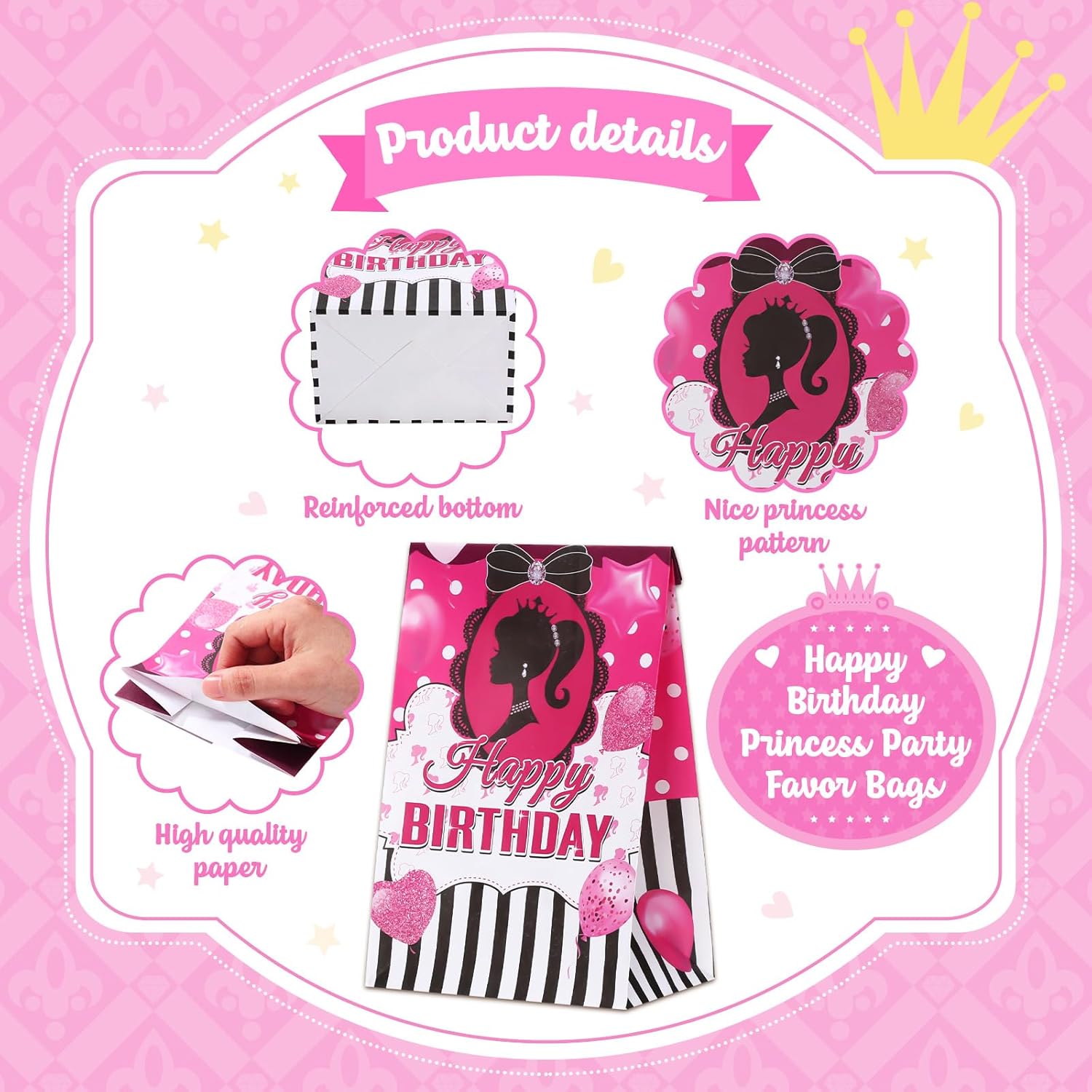 Tatuo 24 bolsas de regalo para fiesta de princesa, color rosa intenso, bolsas de regalo de papel de cumpleaños para niñas, bolsas de dulces para