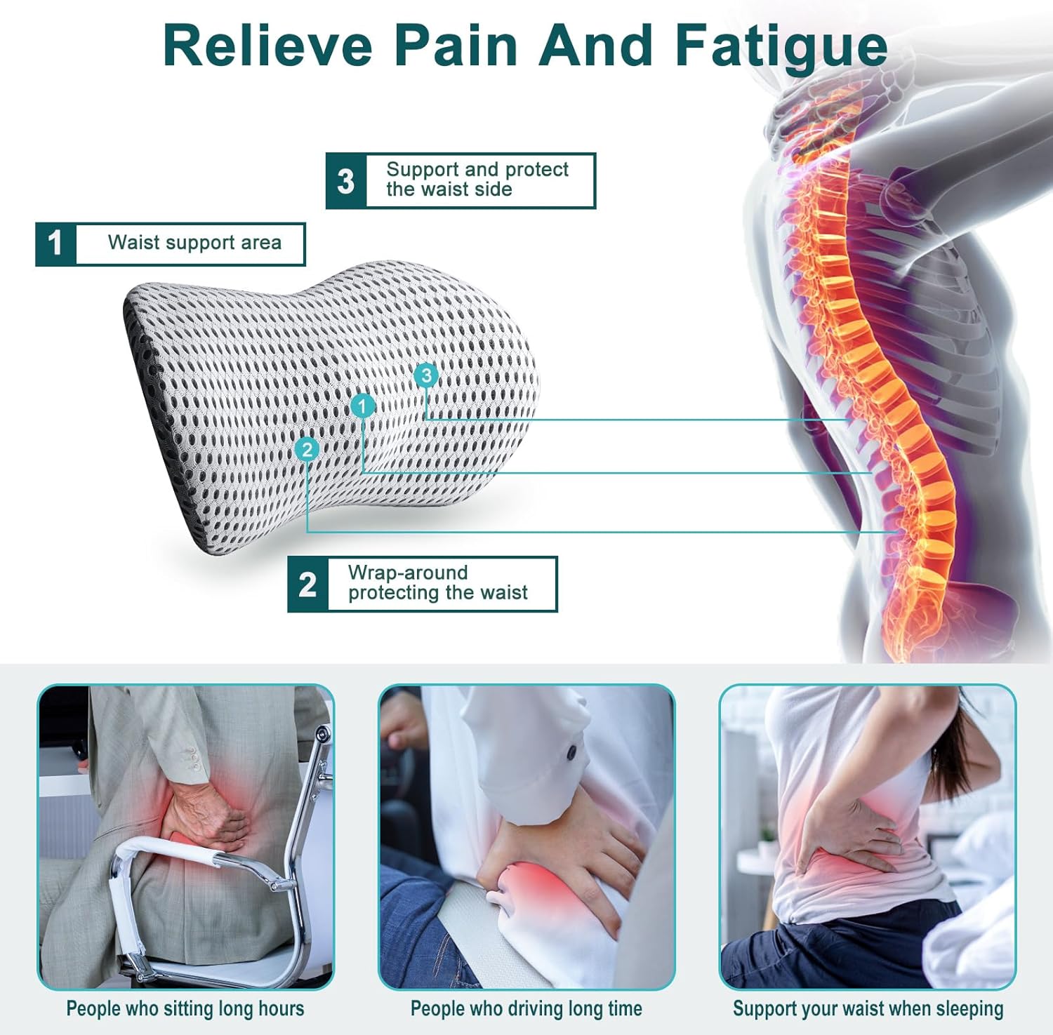Almohada lumbar, almohada de apoyo de espalda de espuma viscoelástica para aliviar el dolor, almohada ergonómica de apoyo lumbar para silla de