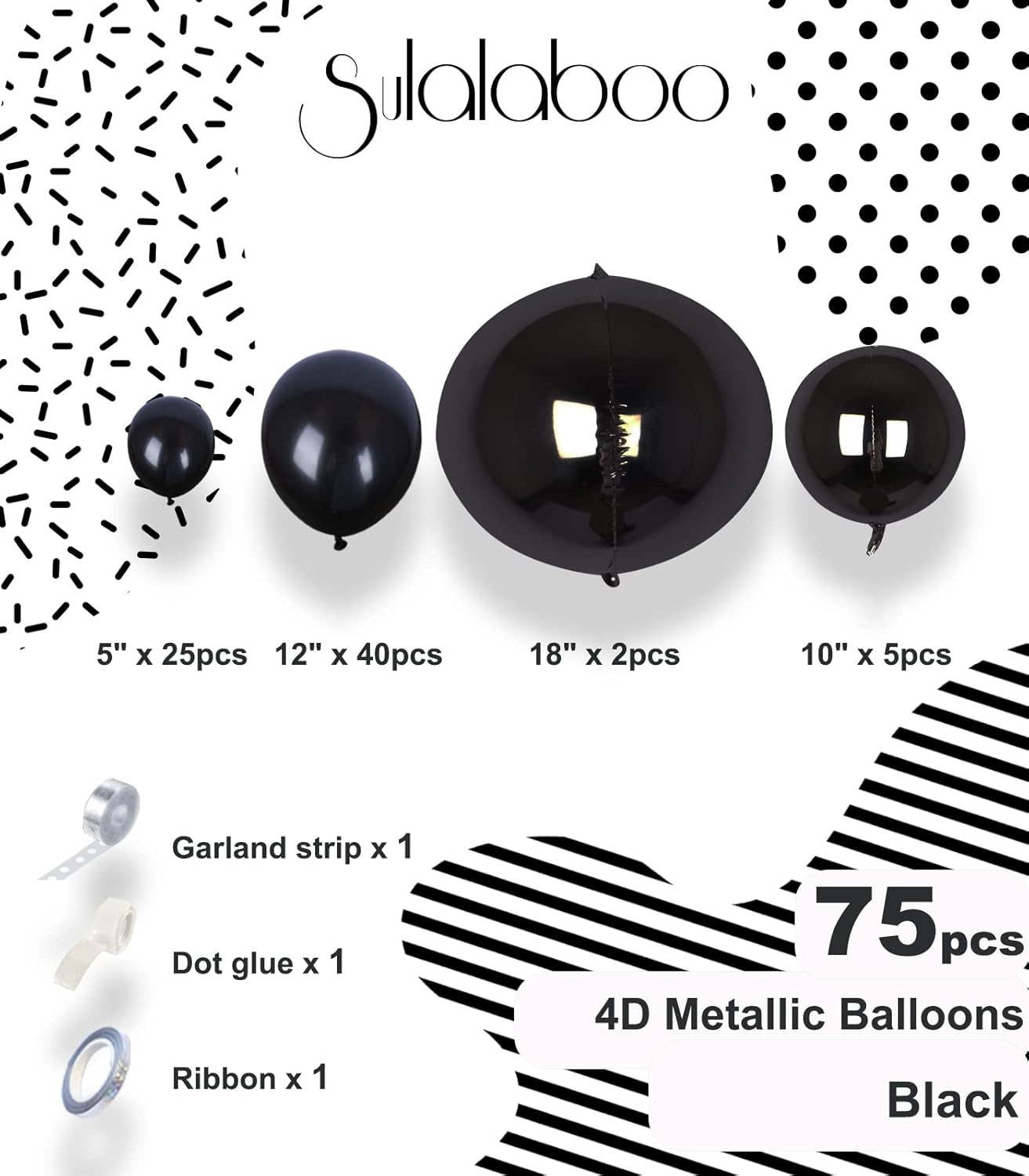 SULALABOO Kit de guirnalda de arco de globos metálicos negros, 75 piezas de látex de helio brillante, cromado, brillante, de diferentes tamaños,