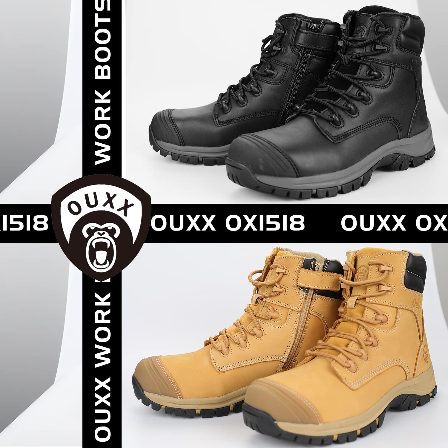OUXX Botas de trabajo para hombres, impermeables, punta de acero YKK con cremallera antideslizante de cuero, a prueba de pinchazos, transpirables,