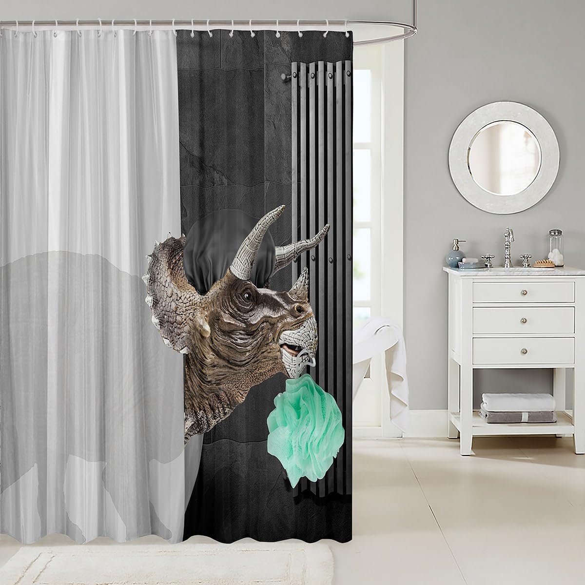 Cortina de ducha de dinosaurio con diseño de animales, divertida cortina de ducha de triceratops, cortina de ducha de animales grandes, decoración
