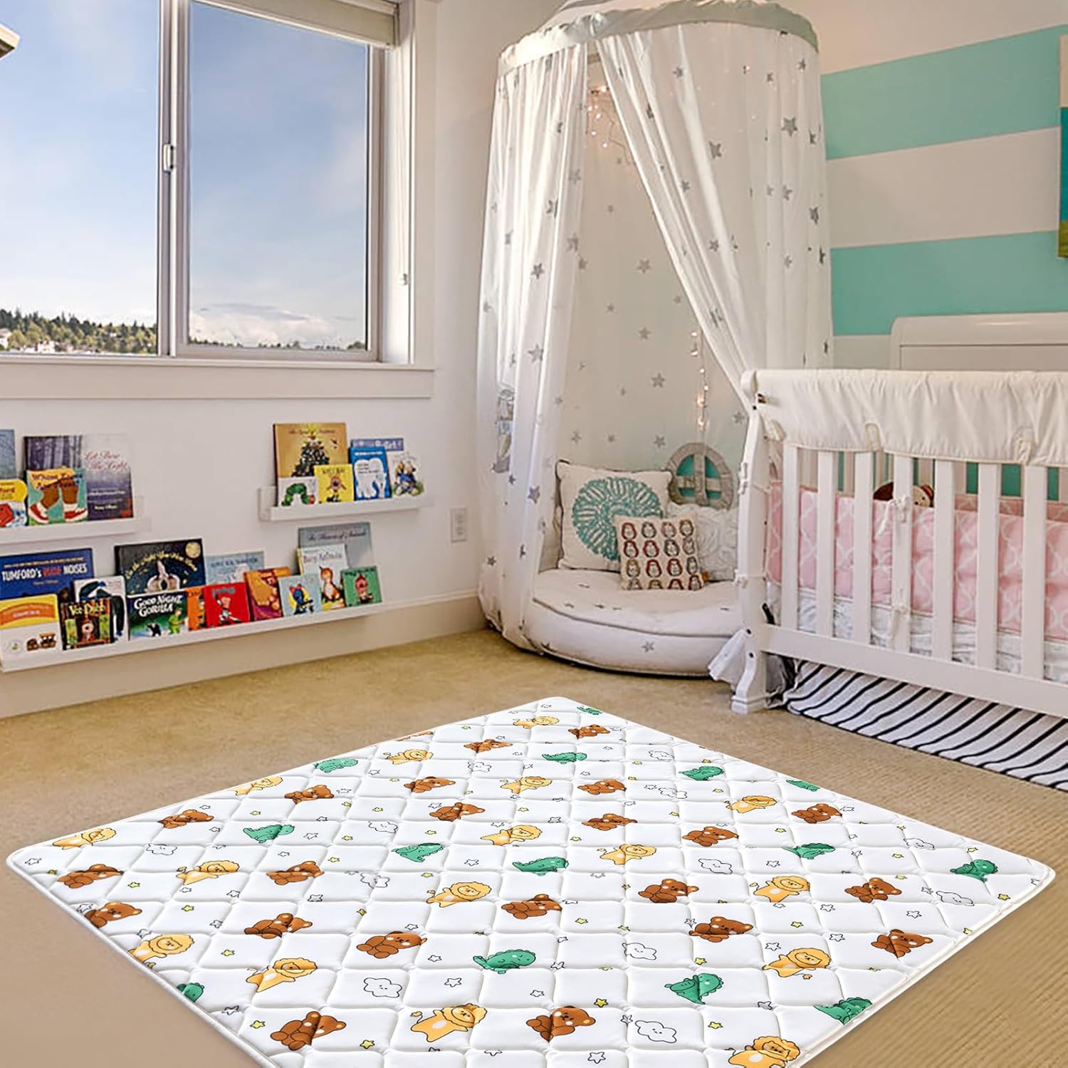 Tapete de juego de espuma prémium para bebé, 36 x 36 pulgadas, plegable y lavable a máquina, tapete de juego grueso y suave para bebé, tapete de