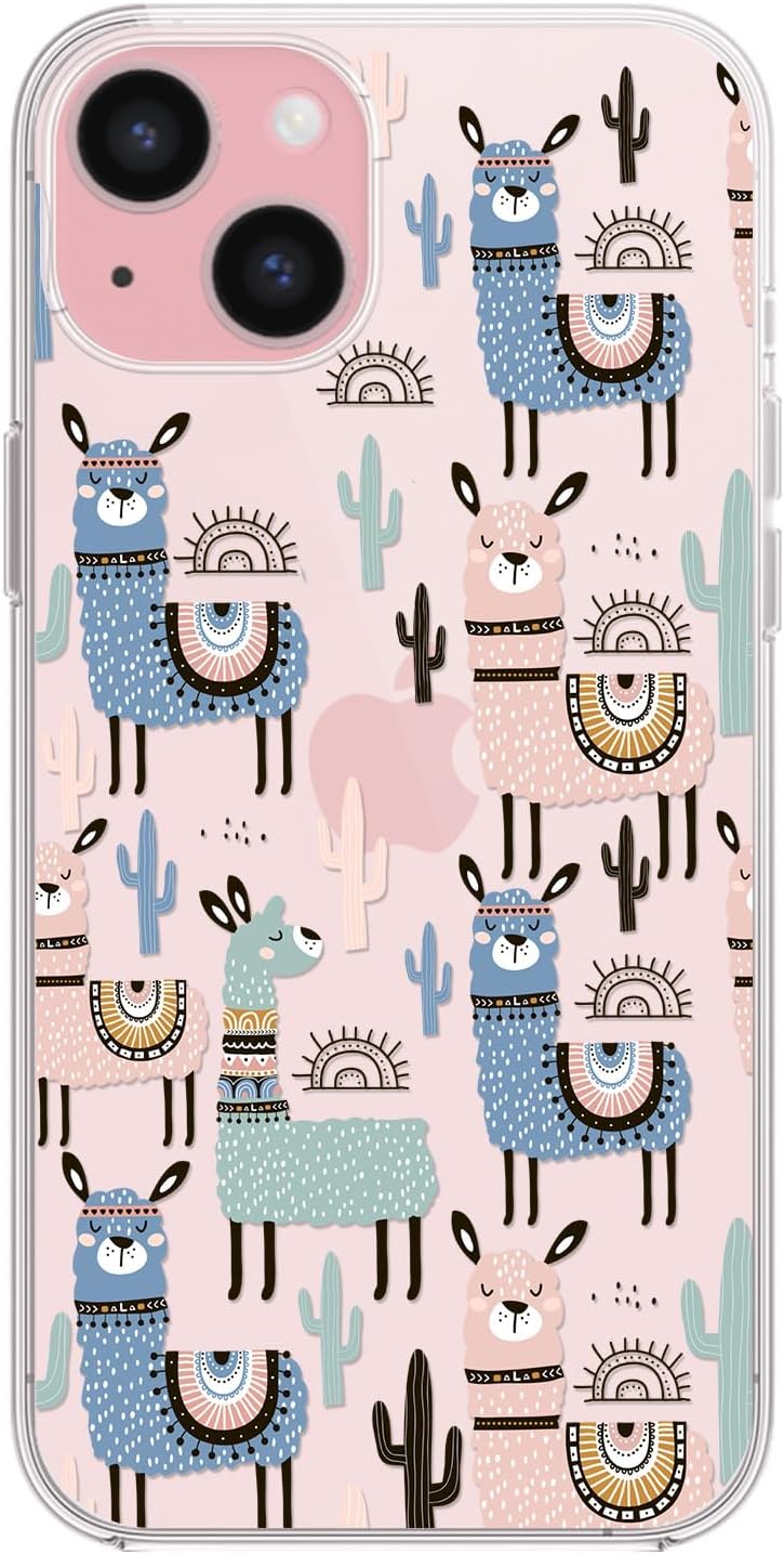 Blingy’s Funda para iPhone 15 Plus, lindo diseño de cactus y llamas, divertido estilo alpaca, diseño de animales de dibujos animados, funda