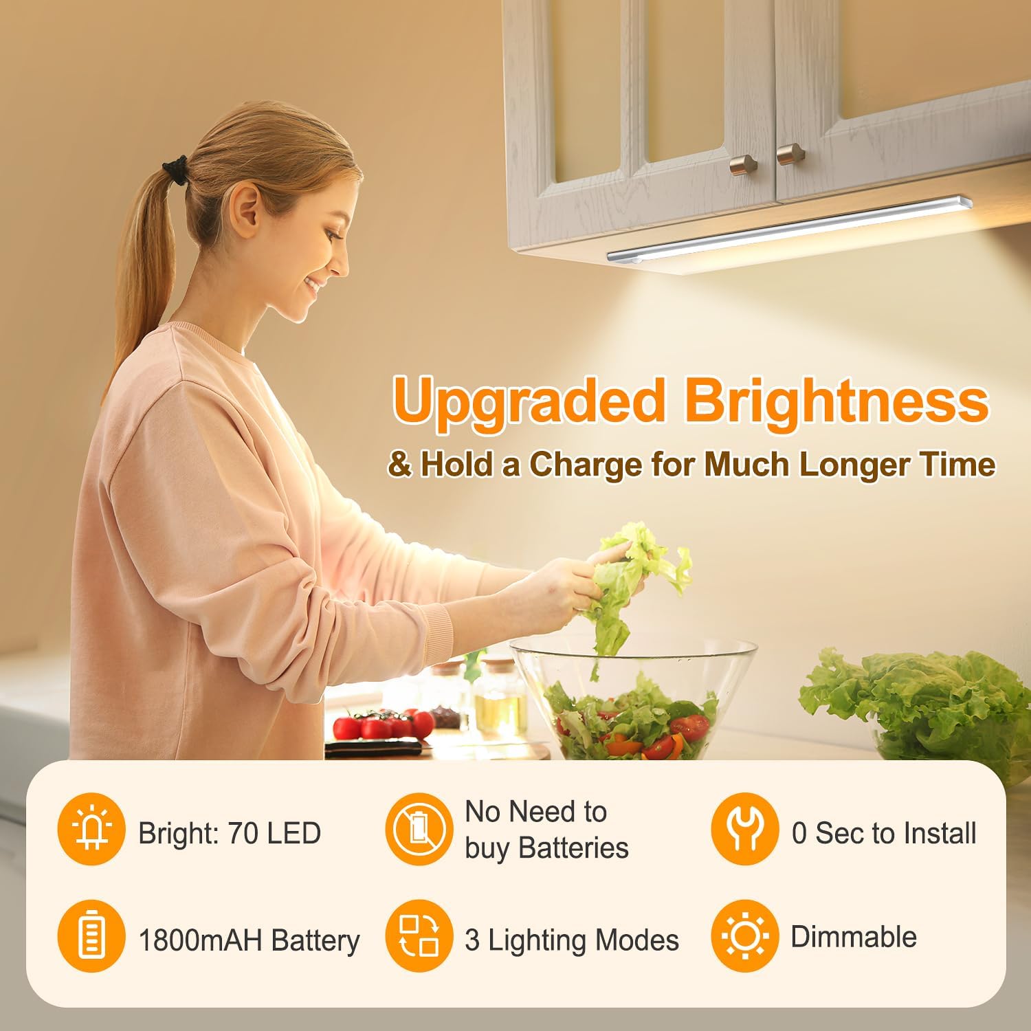 Iluminación LED inalámbrica para debajo del gabinete 2 paquetes, 70 LED + 350LM luces para debajo de armarios en cocina, batería de 1800 mAh