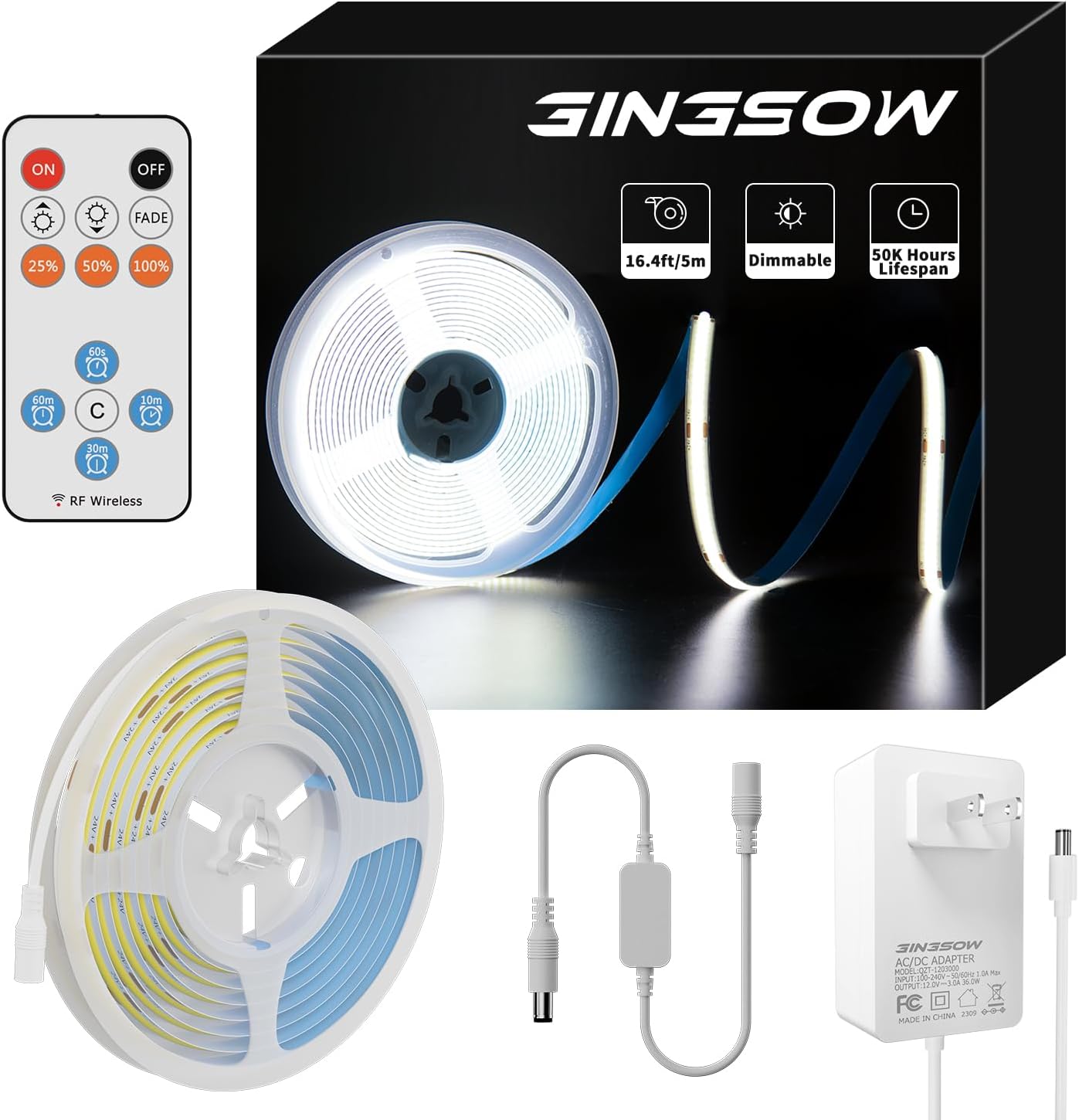Gingsow Tira LED COB de 16.4 pies, 2400 LED, blanco frío, 6000 K, CRI90+, luces LED flexibles superbrillantes, regulables, 12 V, luz de cinta con