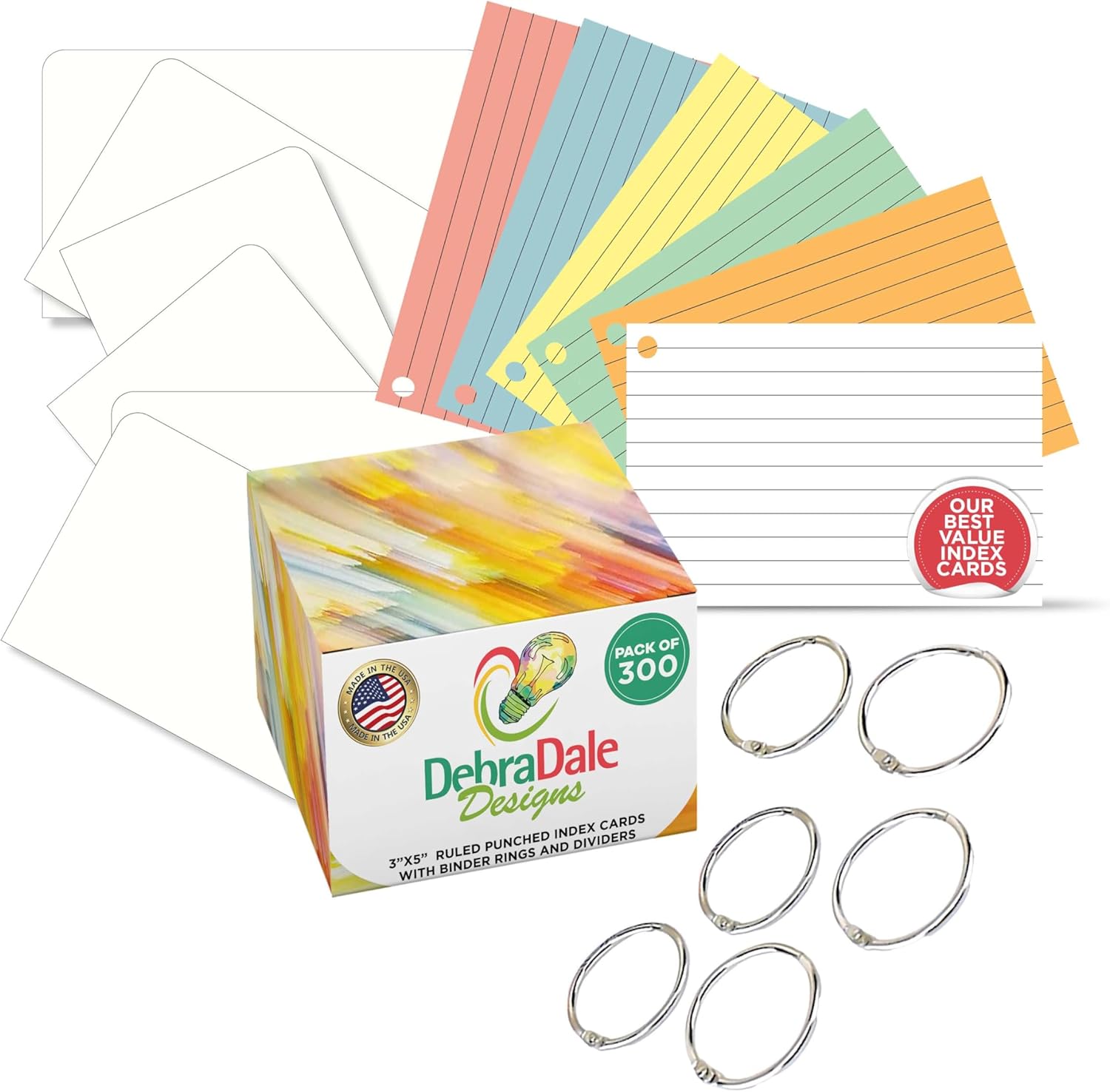 Debra Dale Designs – Tarjetas de notas a rayas con anillos, paquete de 300 unidades de 3 x 5 pulgadas, 6 colores en caja de almacenamiento segura,