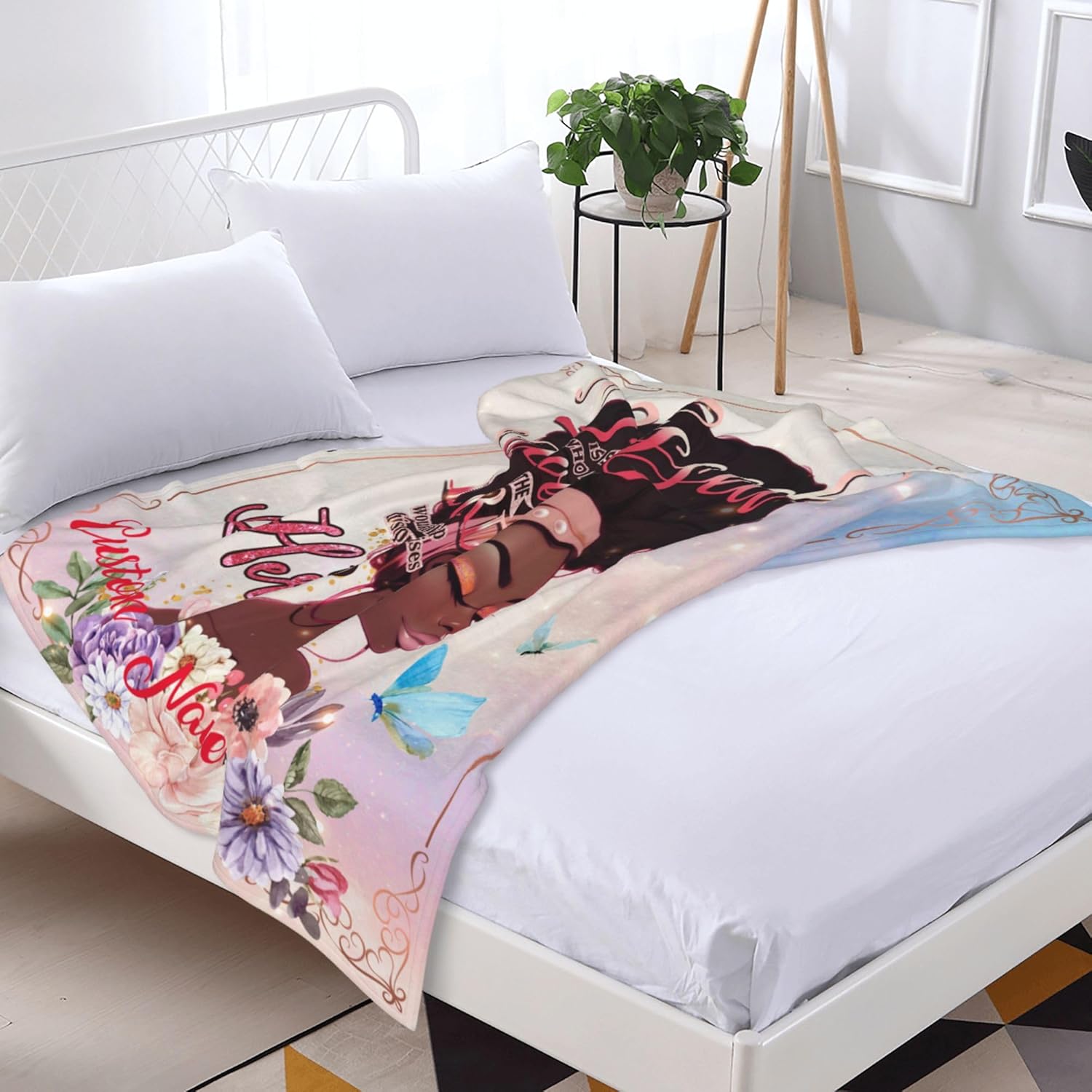 Manta afroamericana personalizada, tamaño Queen, niña negra, mujeres afro, con cita inspiradora, manta de franela para dormitorio, cama, mantas