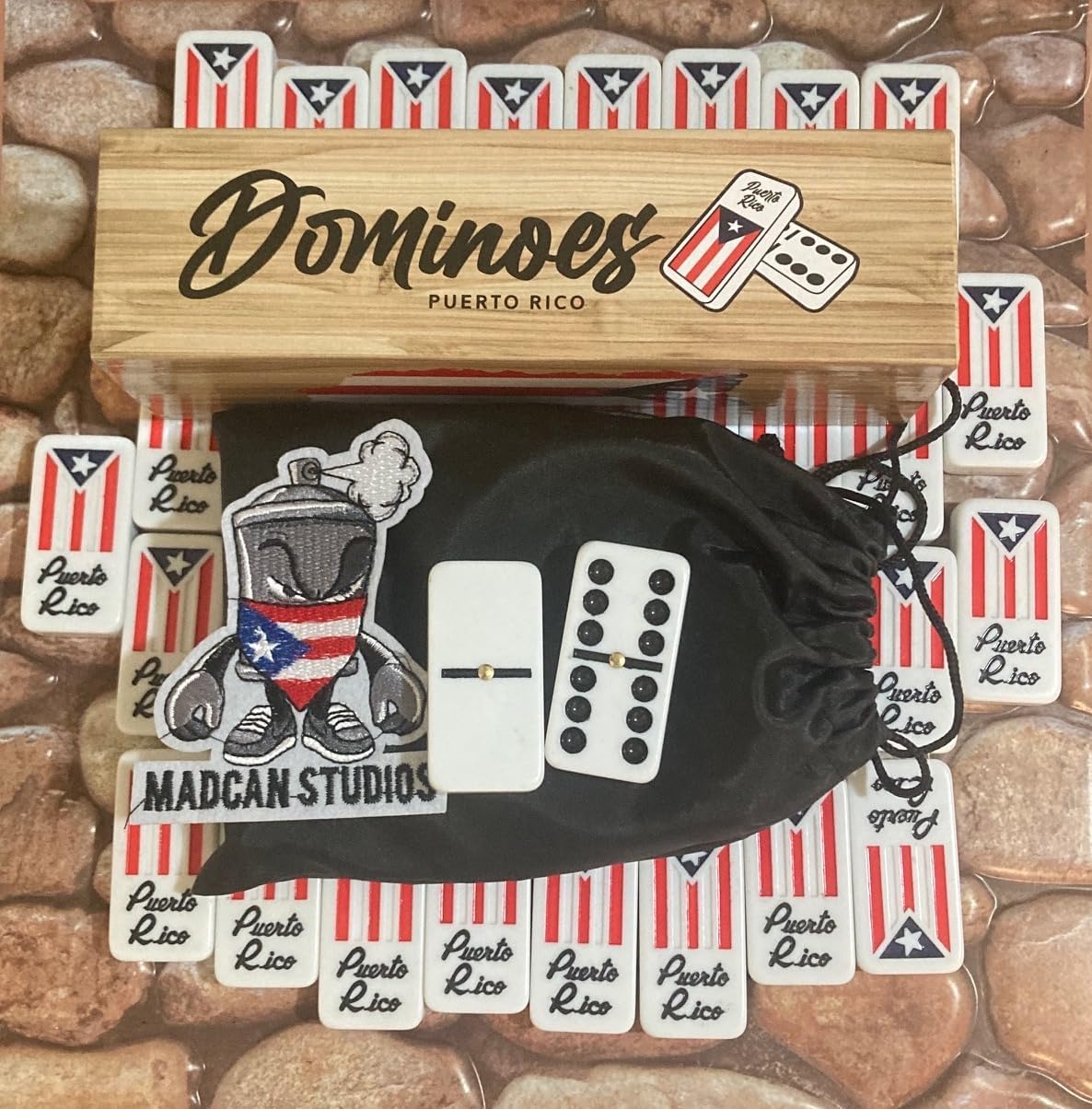 Juego de dominó de Puerto Rico, juego de dominó puertorriqueño, accesorios estilo boricua doble seis dominó de gran tamaño con banderas de Puerto