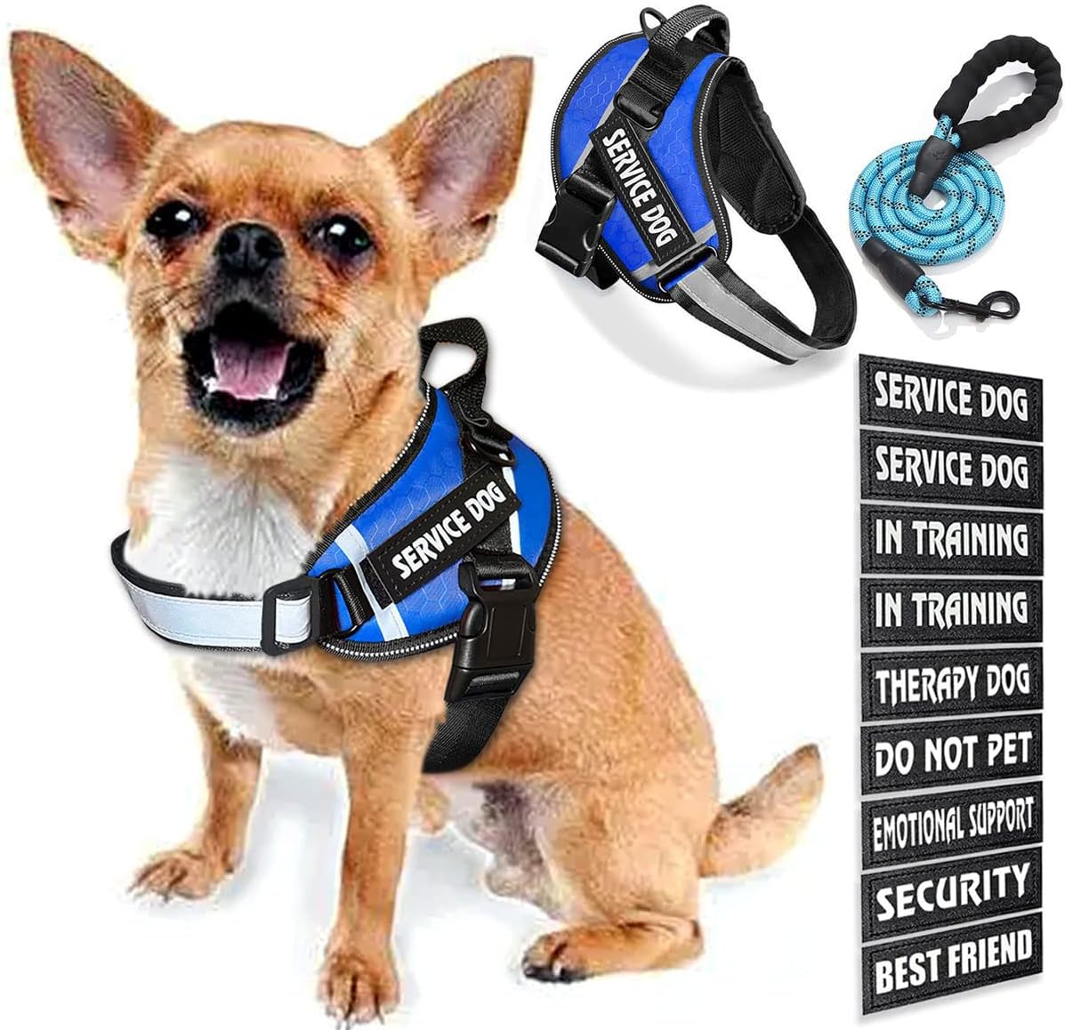 Chaleco de servicio para perro, 9 parches para perros, arnés y correa para perro con asa, arnés de chaleco para mascotas fácil de poner y quitar con