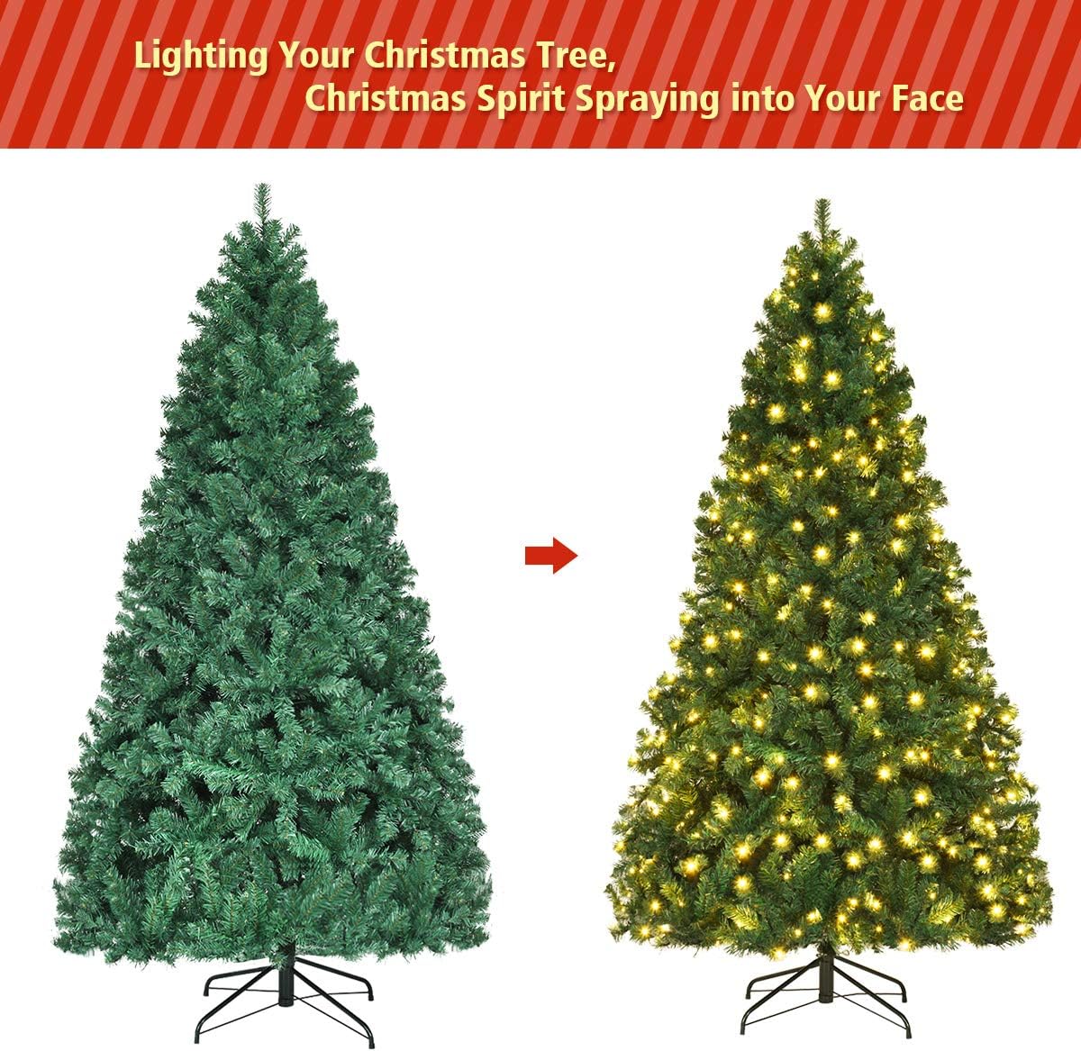 Goplus Árbol de Navidad artificial pre-iluminado, árbol de abeto con bisagras de alta calidad, con luces LED y soporte de metal, fácil de montar,