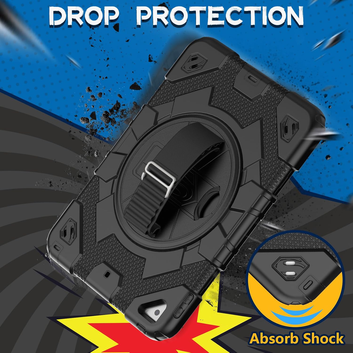 SEYMAC Funda para iPad de 987 generación, funda de cuerpo completo a prueba de golpes con protector de pantalla, correa de mano giratoria de 360 y