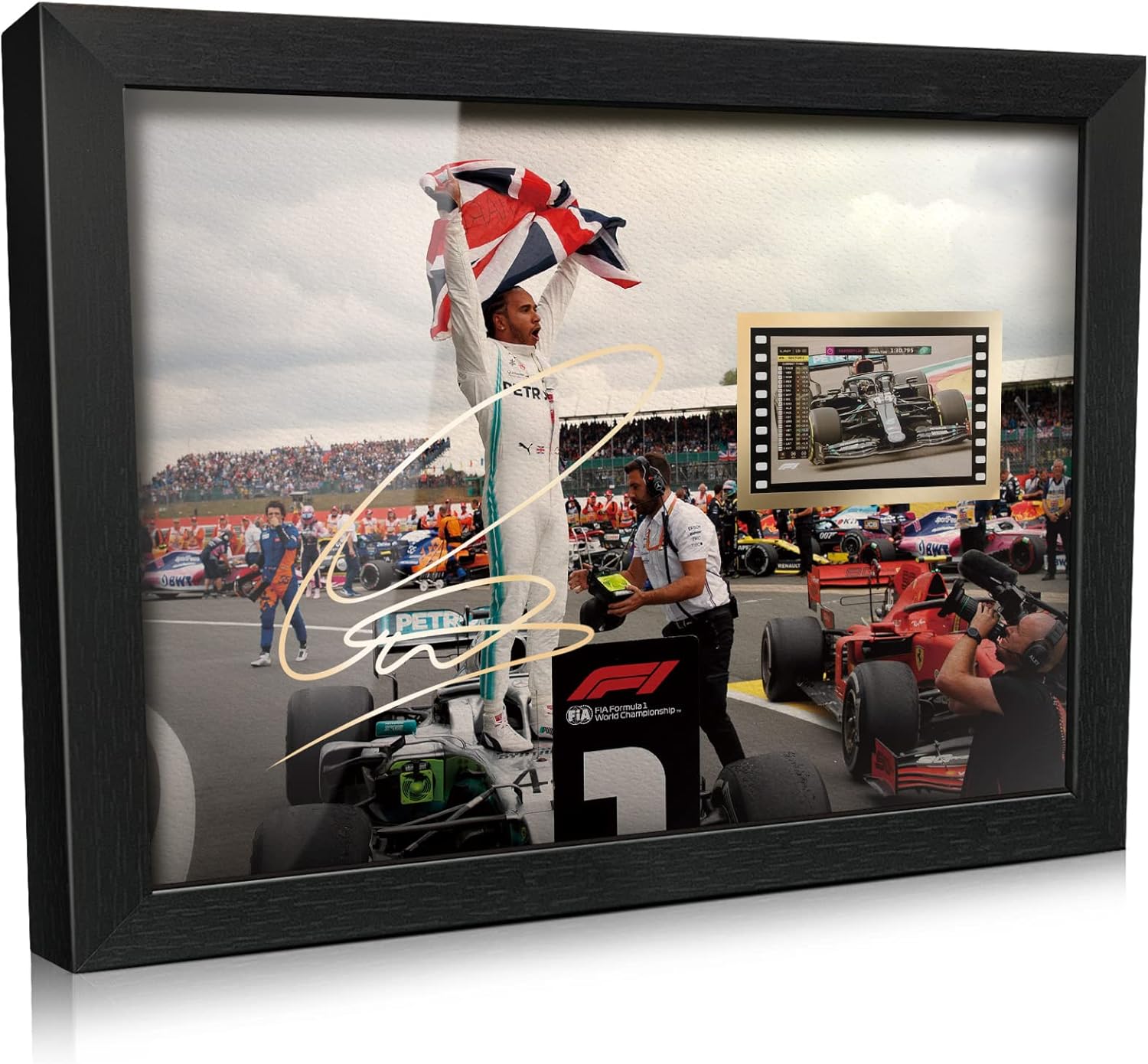 ORIMAMI Póster firmado de Lewis Hamilton con marco de madera para decoración fotográfica, con película G P 2020 de 0.039 x 1.378 in, regalos