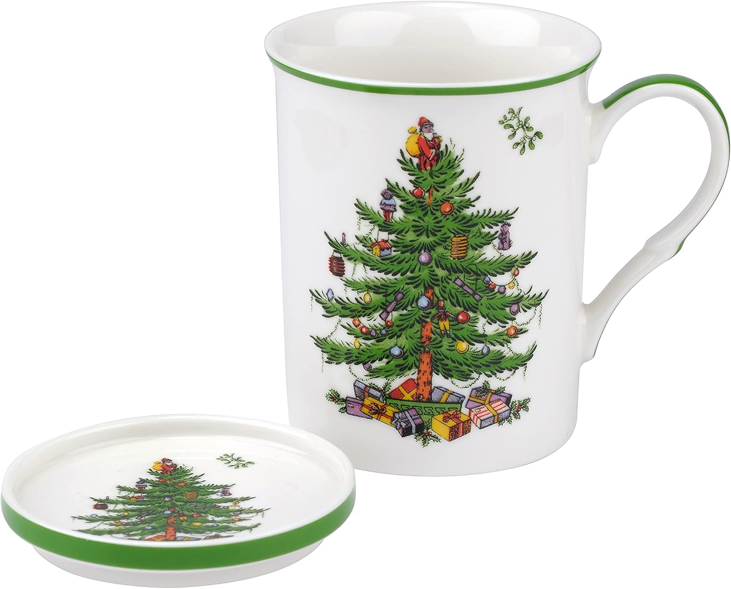 Spode Christmas Tree Mug Cup and Coaster Set  14 Ounce Mug for Tea, Coffee and Hot Chocolate  Made of Fine Porcelain  Microwave and Dishwasher Safe
