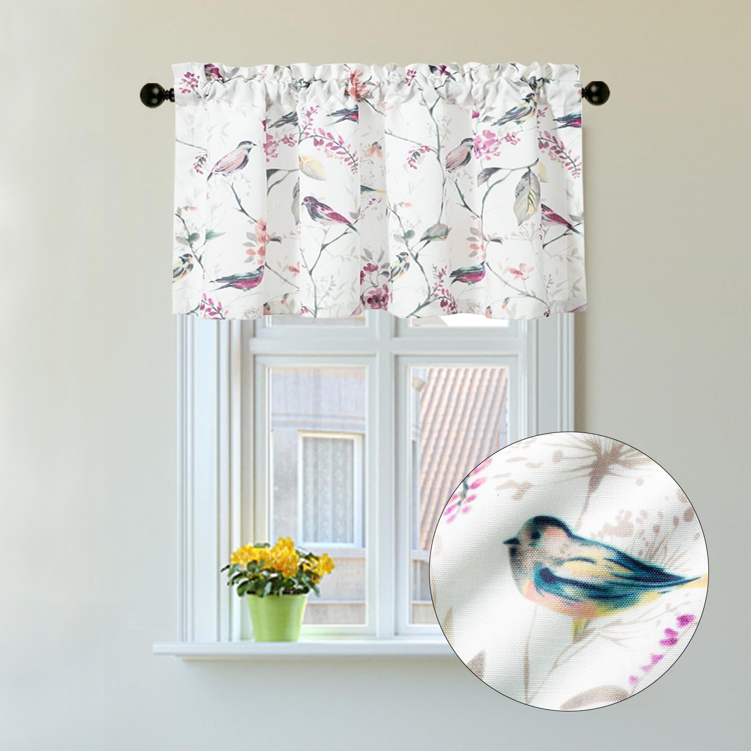VOGOL Cenefas de cocina de estilo rústico para ventanas, bonito patrón de pájaros con bolsillo para barra, cortinas cortas para sala de estar, 1