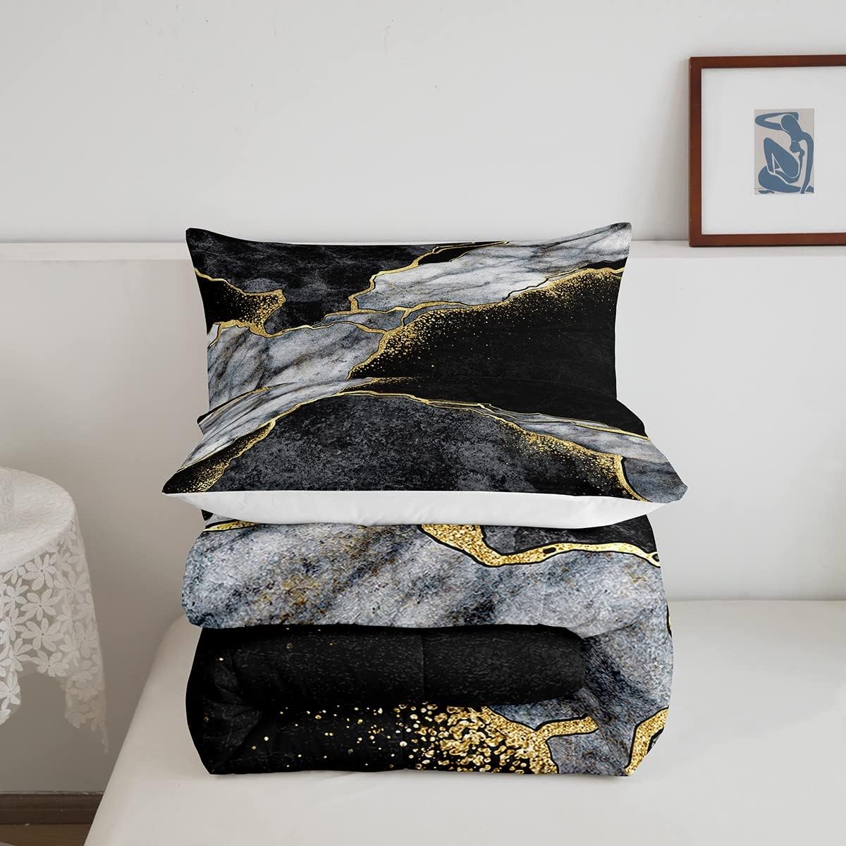Juego de edredón de mármol negro, edredón de plumón de mármol metálico dorado para niños, adolescentes y adultos, juego de ropa de cama con textura