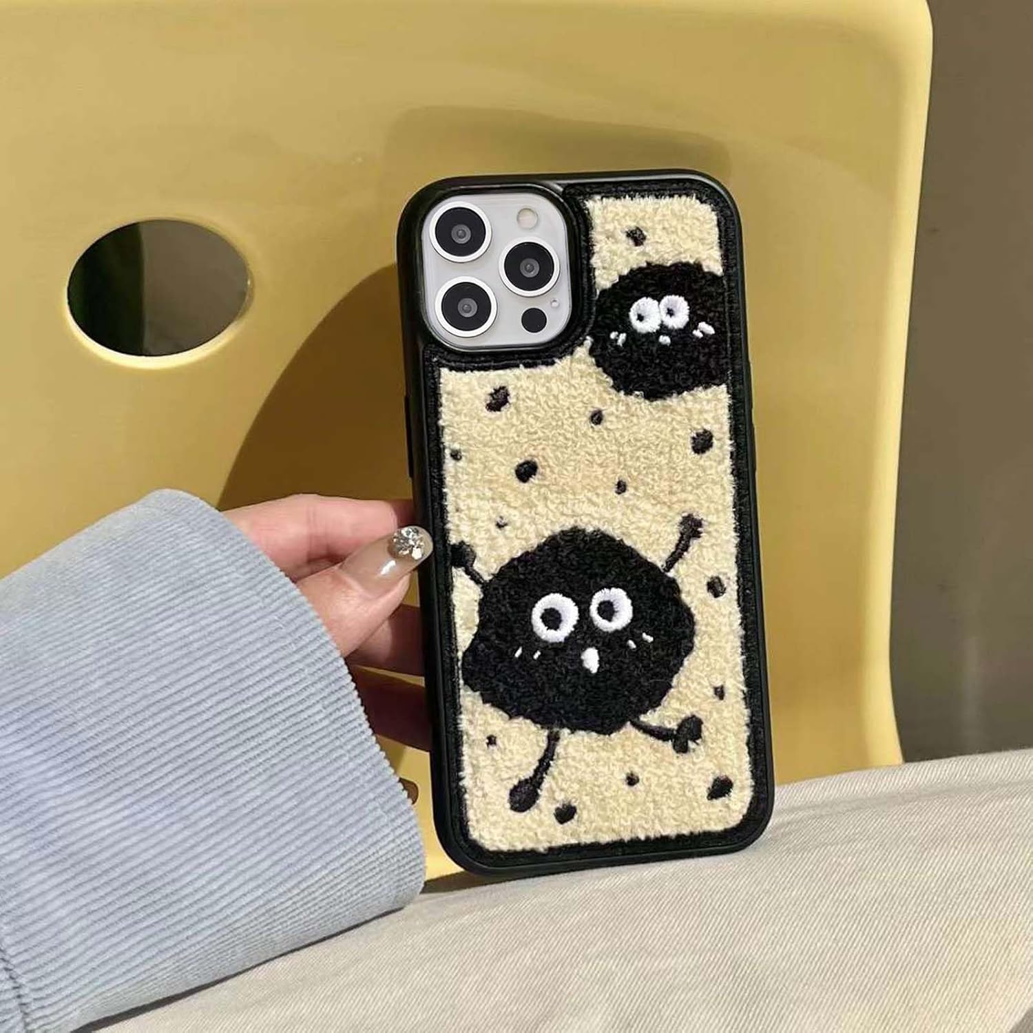 Cartoon Phone Case for iPhone 14 Pro Cute Design,Embroidery Briquettes Case for iPhone 14 Pro Funny Fluffy Back,Kawaii Girly Wired Case for iPhone
