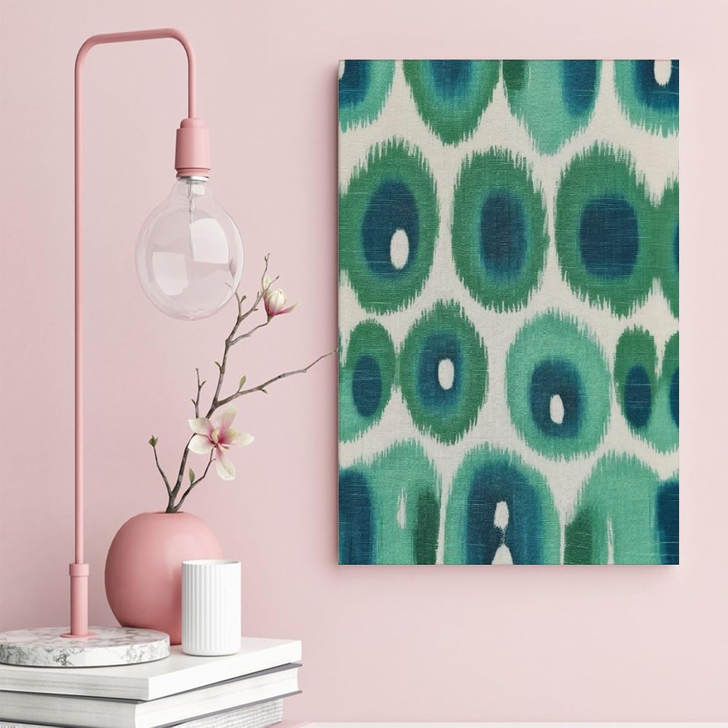 Lienzo decorativo para pared de 16 x 24 pulgadas, estampado de pavo real verde y aguamarina Ikat, arte de pared, tipografía, hogar, oficina,