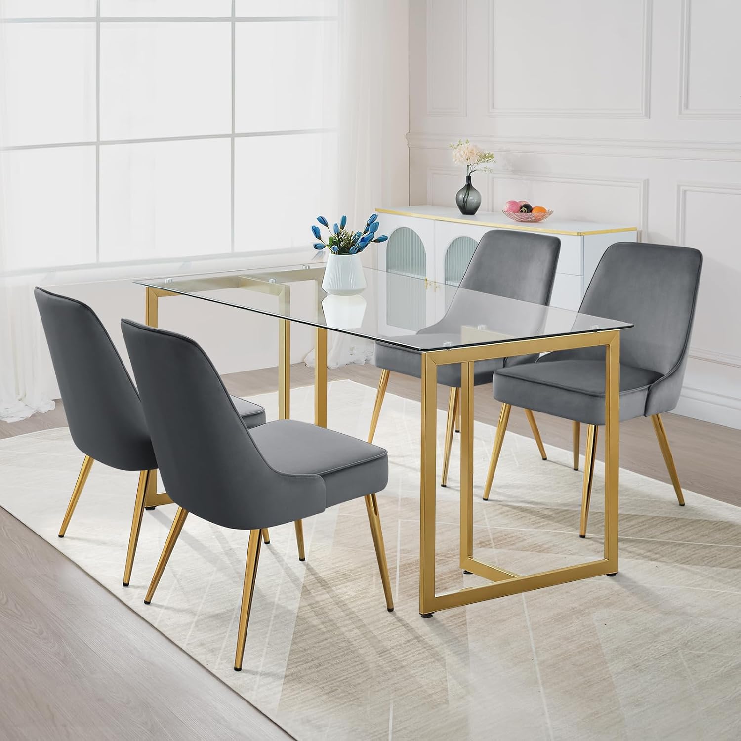 ecoluxehaven Modern Dining Chairs Set of 2,Mid-Century Upholstered Velvet Kitchen & Dining Room Chairs Living Room Chair with Metal Golden Legs,Grey