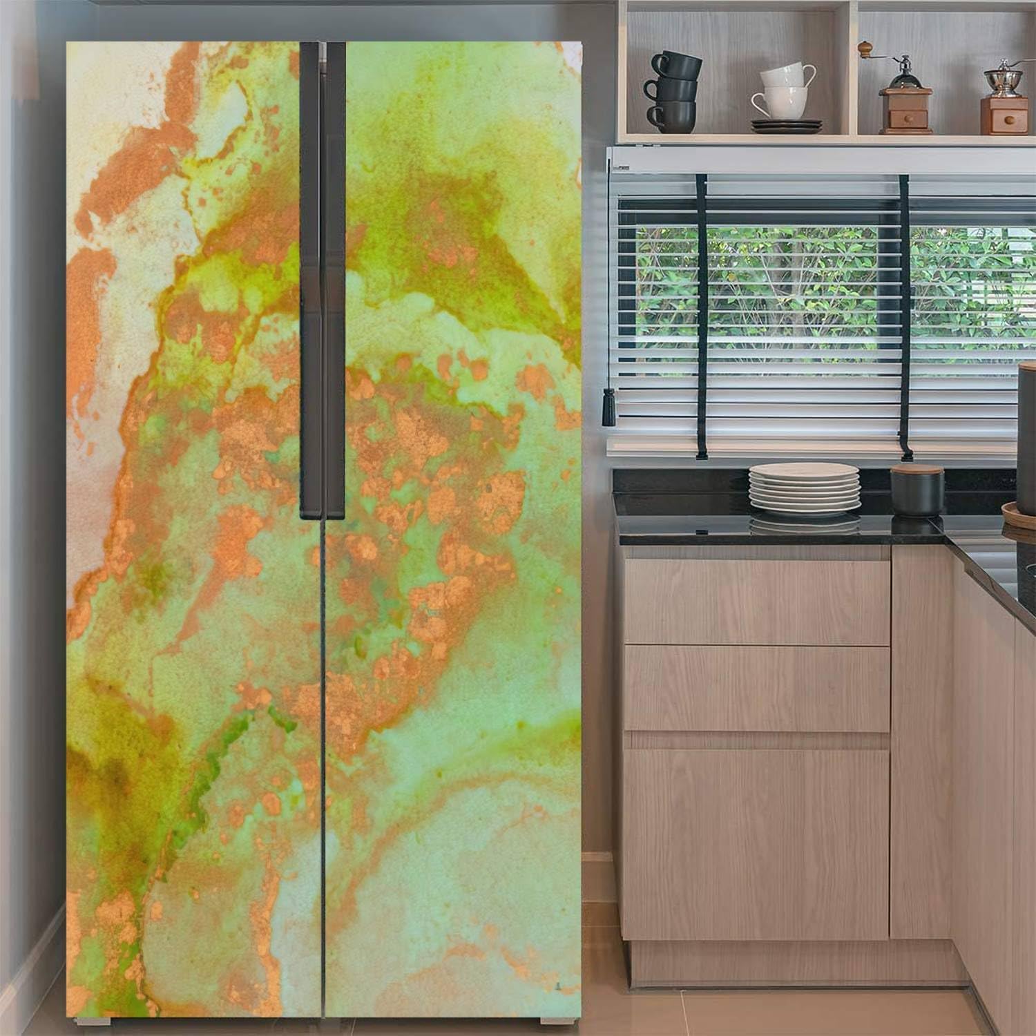 Juego de envoltorios de vinilo autoadhesivos para refrigerador, pintura abstracta fluida de lujo, técnica de tinta de alcohol, mural de puerta,