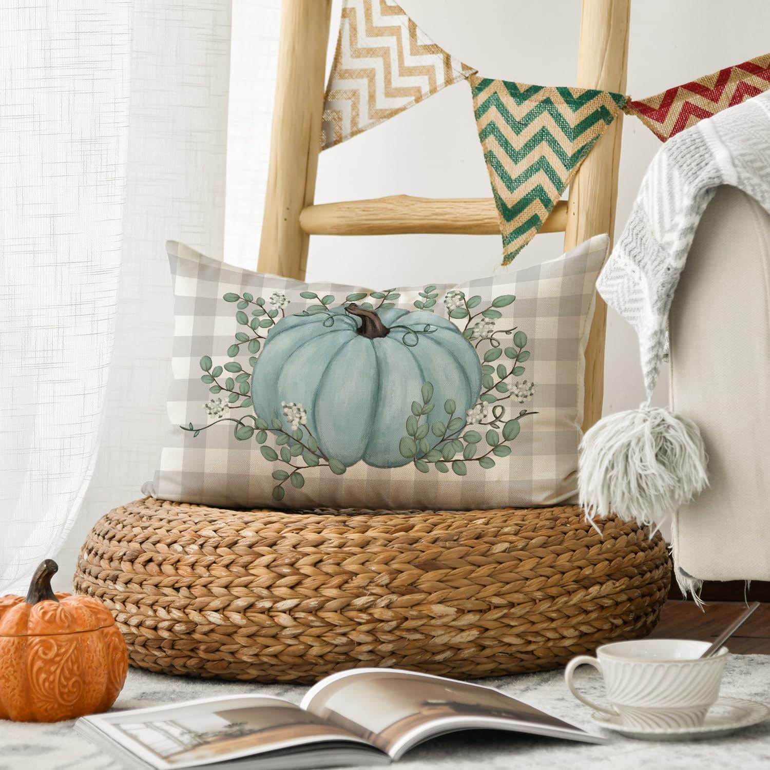 AVOIN colorlife Funda de almohada de hojas de eucalipto de calabaza verde azulado de 12 x 20 pulgadas, decoración de otoño y otoño, cosecha de