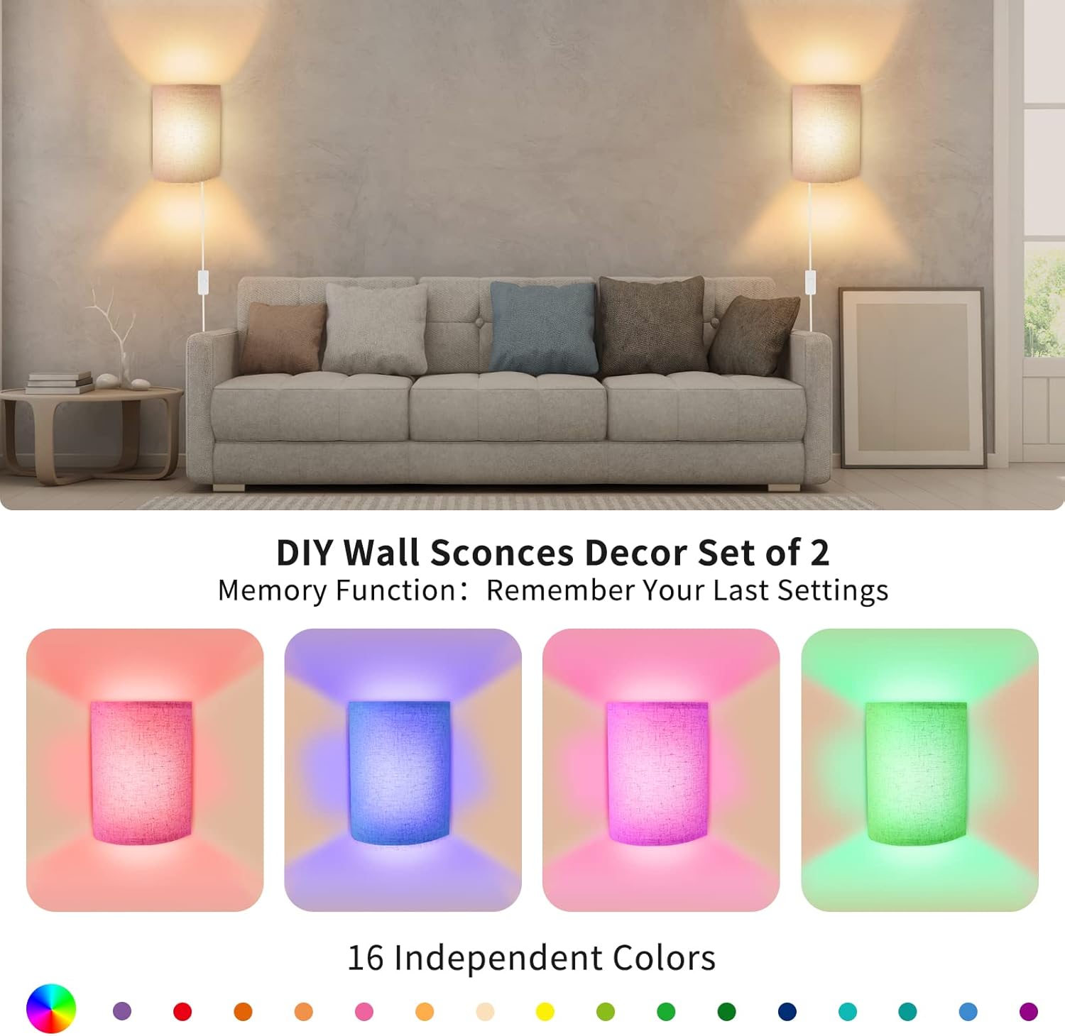 Juego de 2 apliques de pared, 4 bombillas enchufables con control remoto, lámpara de pared con interruptor de encendidoapagado de cable de enchufe,