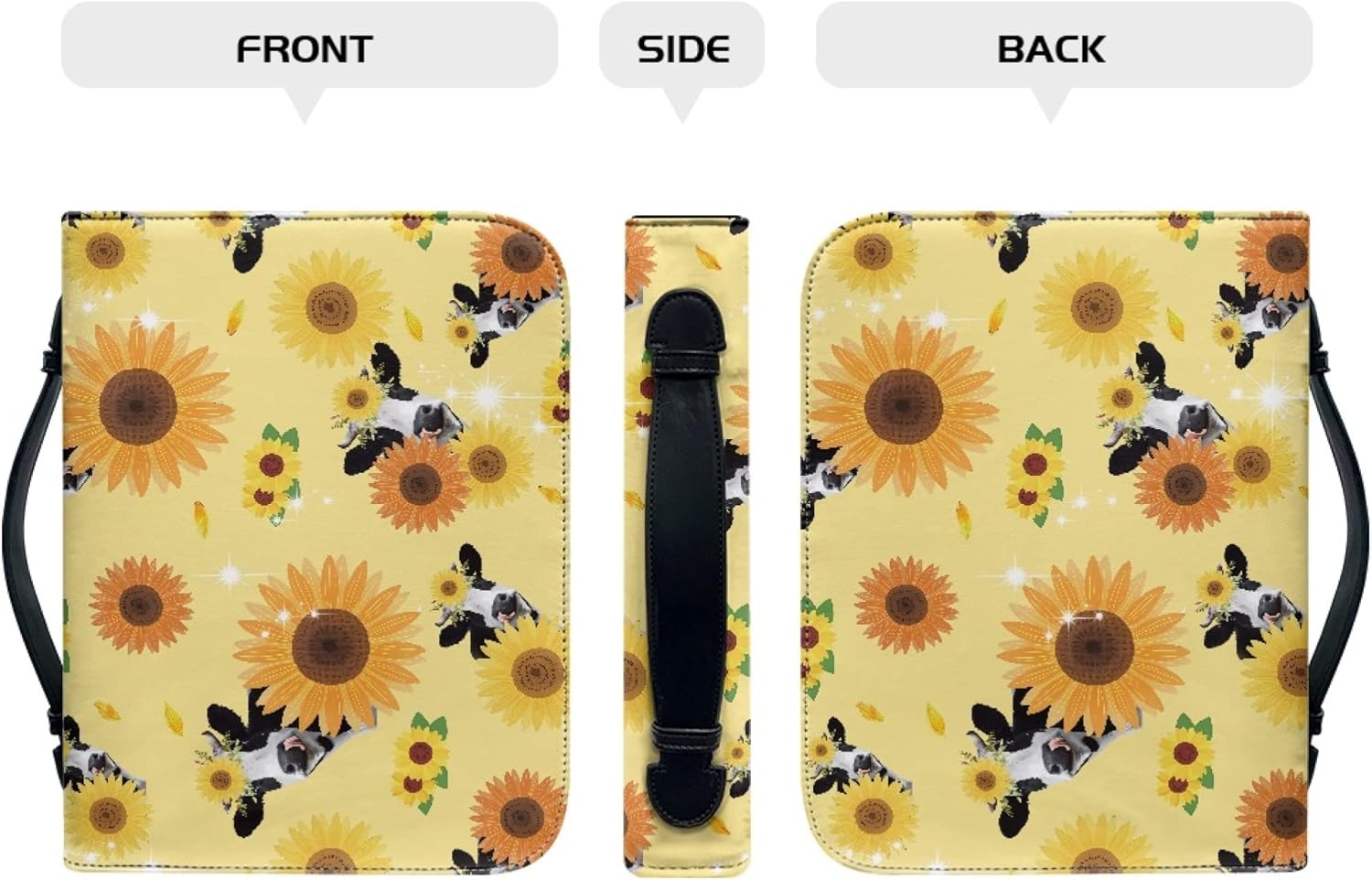 Funda de piel con diseño de vaca y girasol para la Biblia, funda de cuero para la Biblia, bolsa de transporte con bolsillos con cremallera, asa para