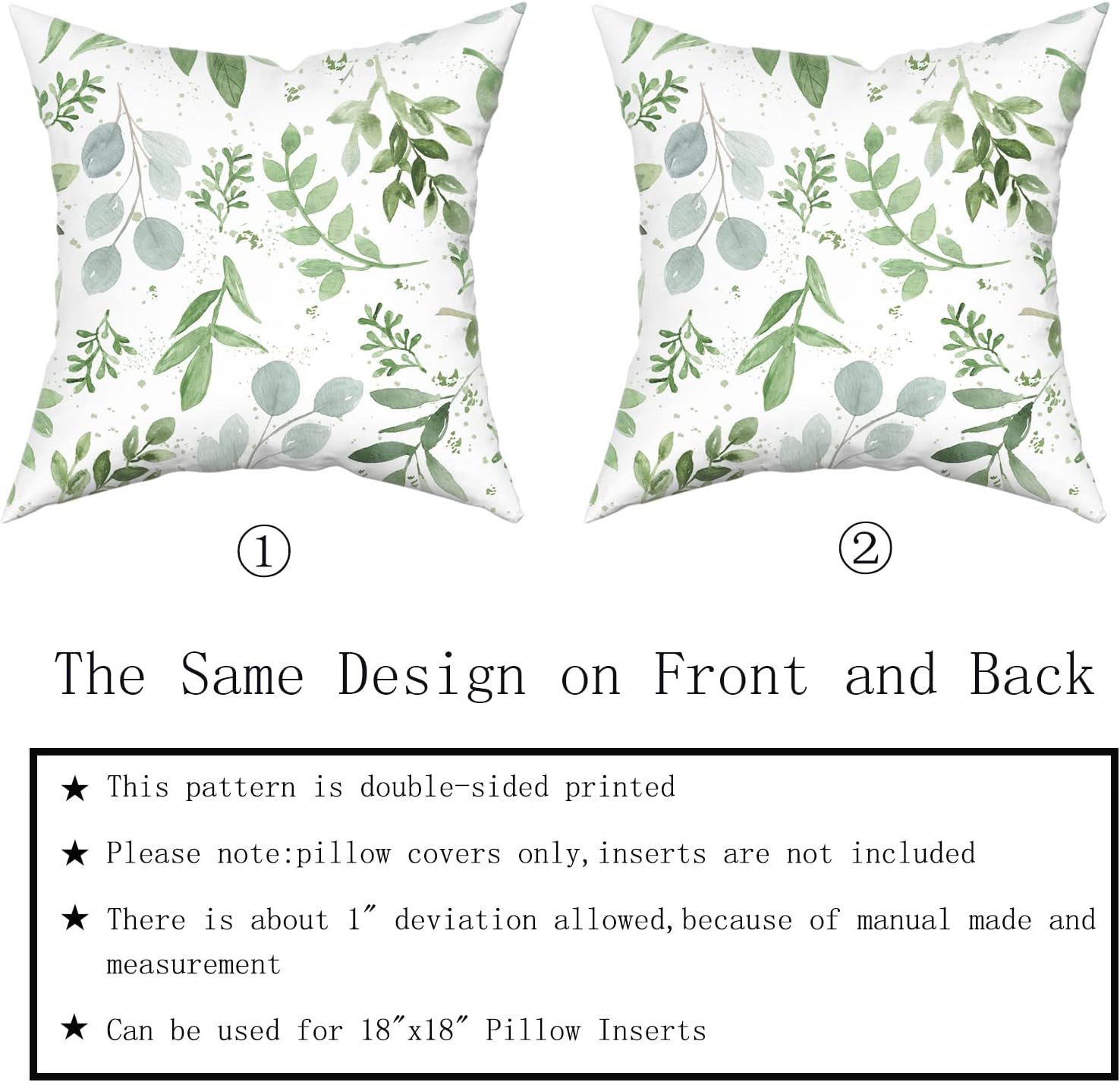 Juego de 2 fundas de almohada de color verde salvia de 16 x 16 pulgadas, fundas de almohada cuadradas de algodón suave con estampado de hojas para