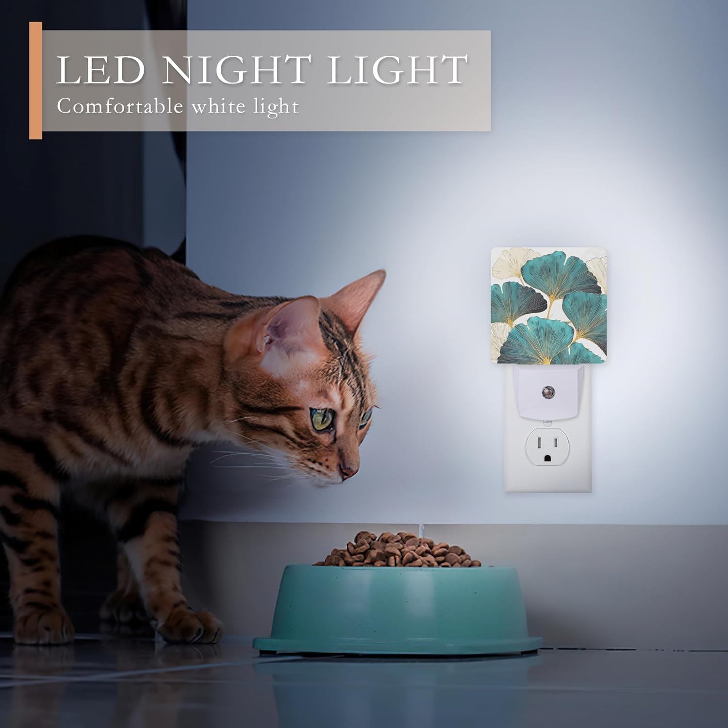 Luz nocturna, hojas de ginkgo verdes, luces nocturnas enchufables a la pared para niños y niñas, luz nocturna decorativa media redonda, lámpara LED