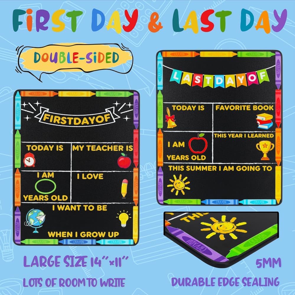 Cartel de primer día de escuela, suministros de pizarra de regreso a clases, letrero de pizarra con texto en inglés “My First Last Day of School”,