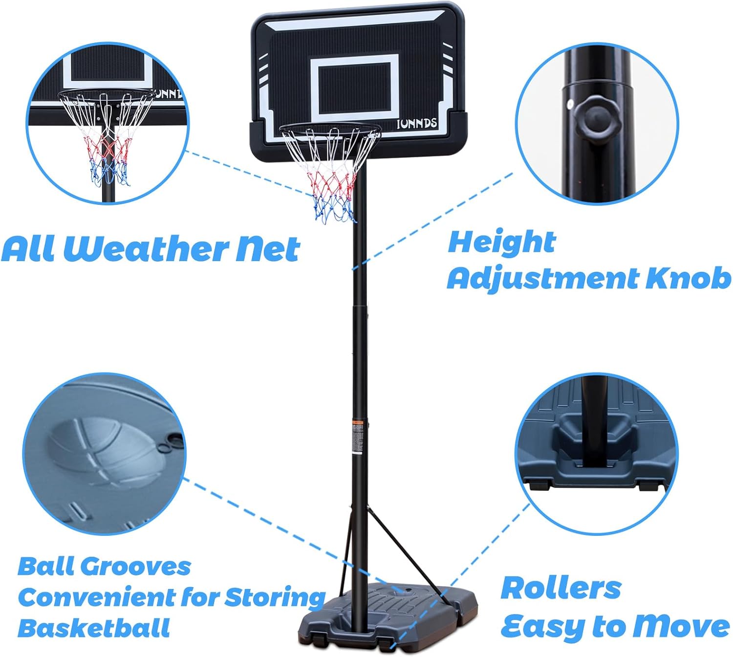 IUNNDS Sistema de portería de aro portátil de baloncesto de 6.5 a 10 pies ajustable de 44 pulgadas para niñosadultos, interior y exterior