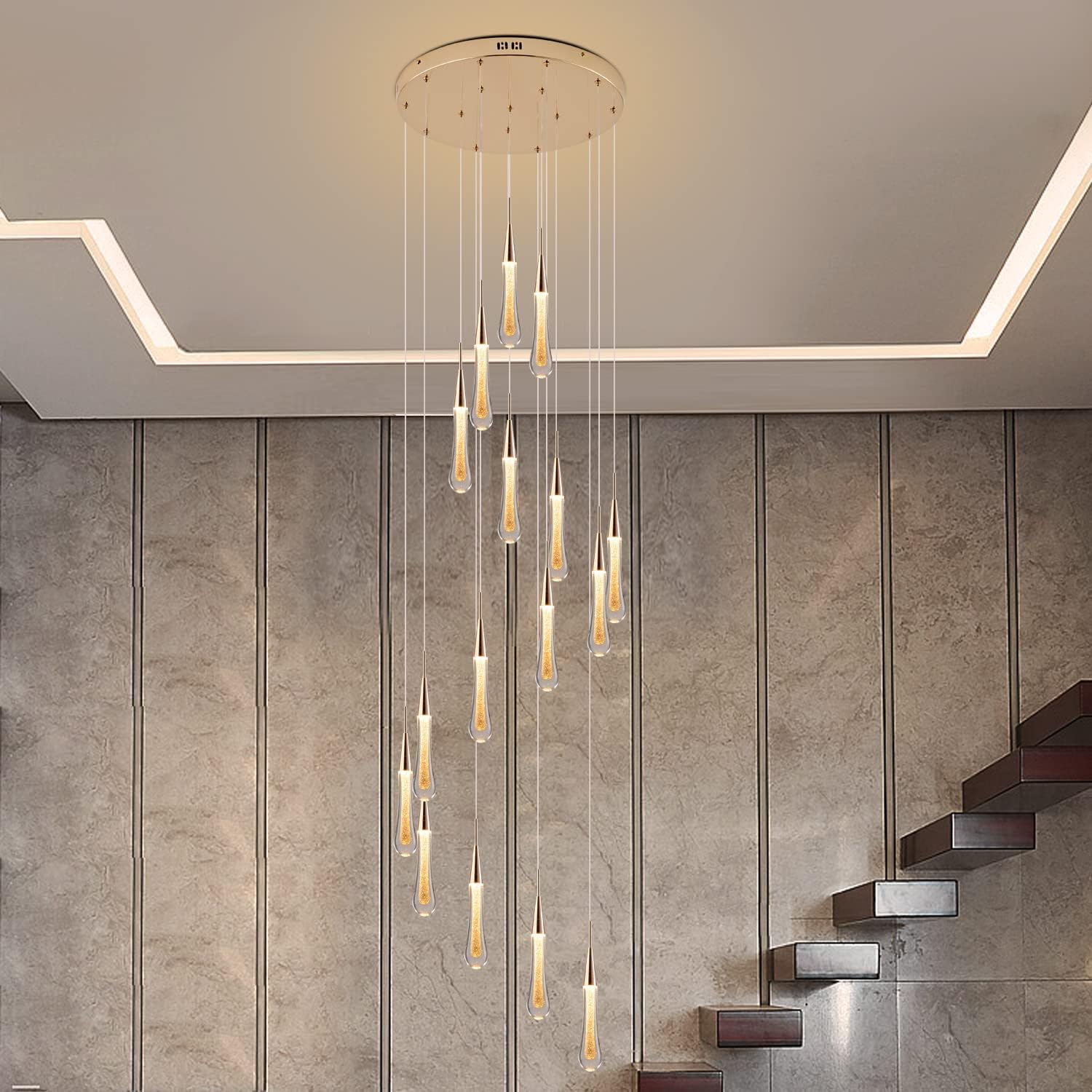 16-Light Gold Staircase Chandelier, Adjustable 128″ High Ceilings Light Fixture Crystal Raindrop Glass Large Long LED Chandeliers for Entryway