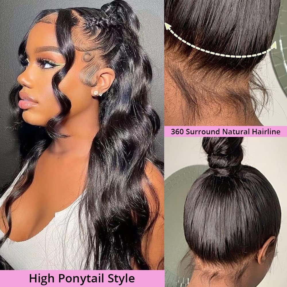 ghotool Pelucas de cabello humano con encaje frontal 360 de densidad del 200 %, pelucas de cabello humano ondulado con encaje frontal HD para