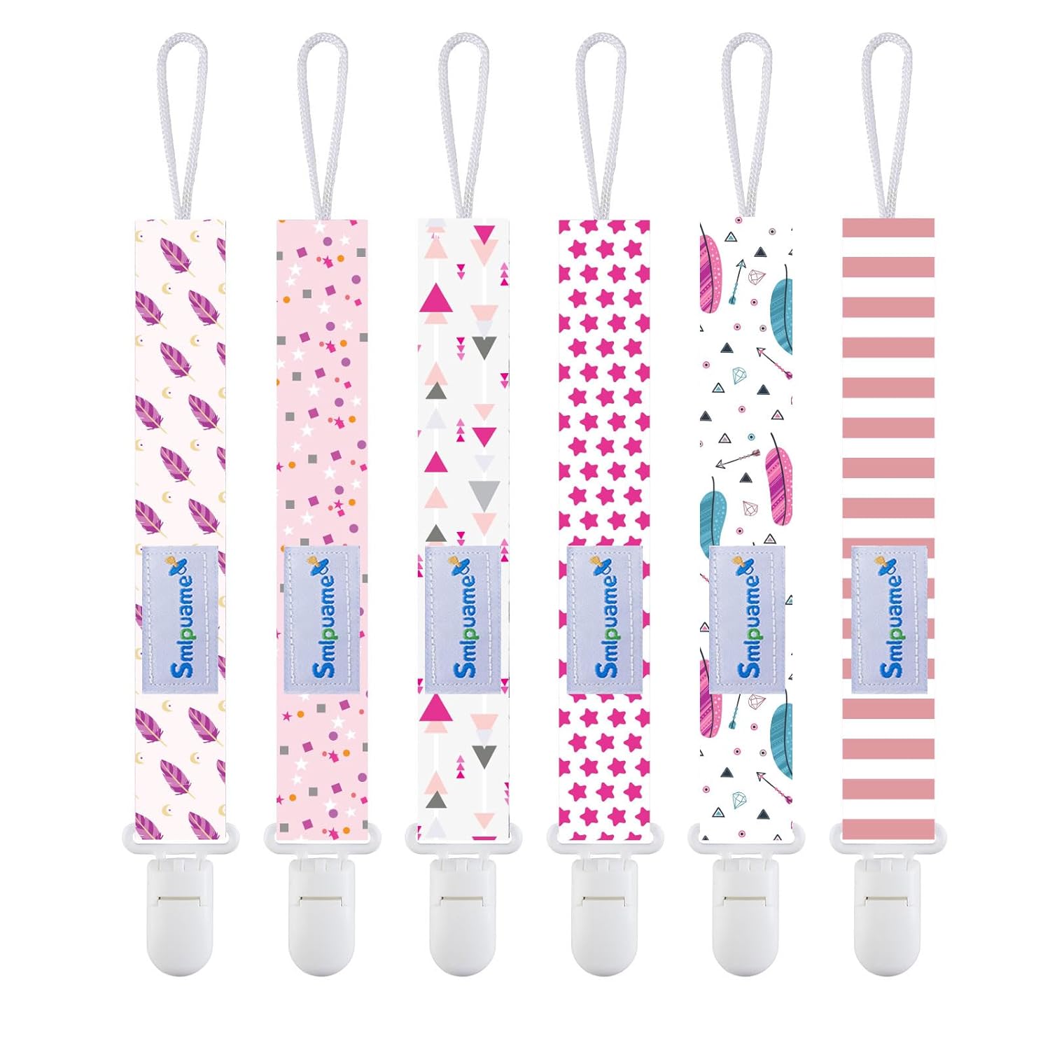Smlpuame Clip para chupete para niña, paquete de 6 elegantes correas para bebés, soporte para paci con clip, ligero, universal, se adapta a la