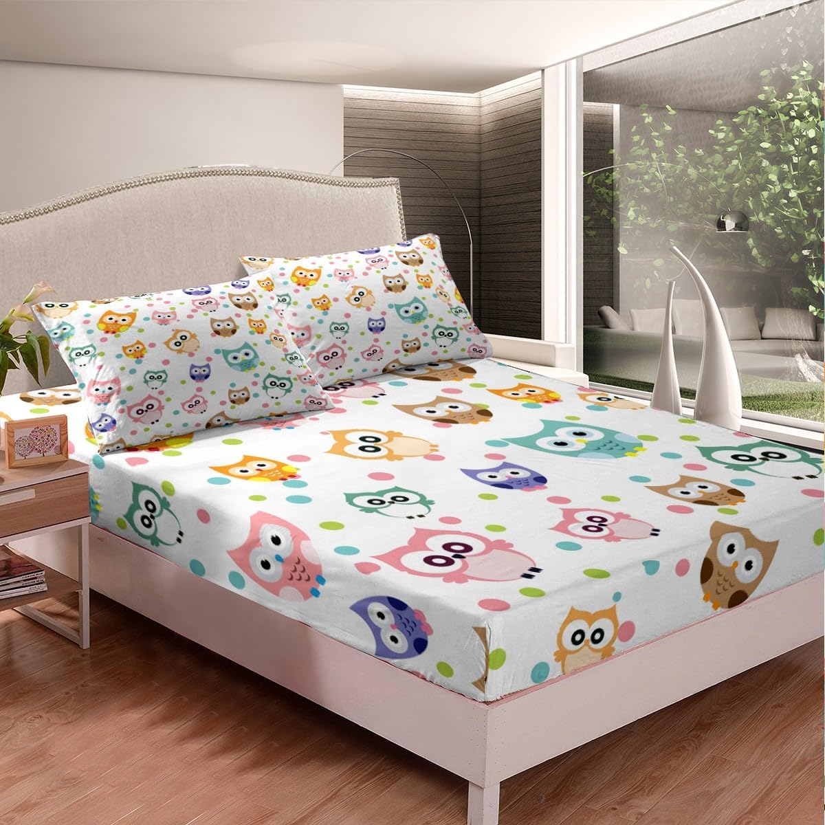 Feelyou Juego de sábanas ajustables con diseño de búho lindo para niñas, diseño de pájaros, tamaño individual, diseño de búhos, juego de sábanas