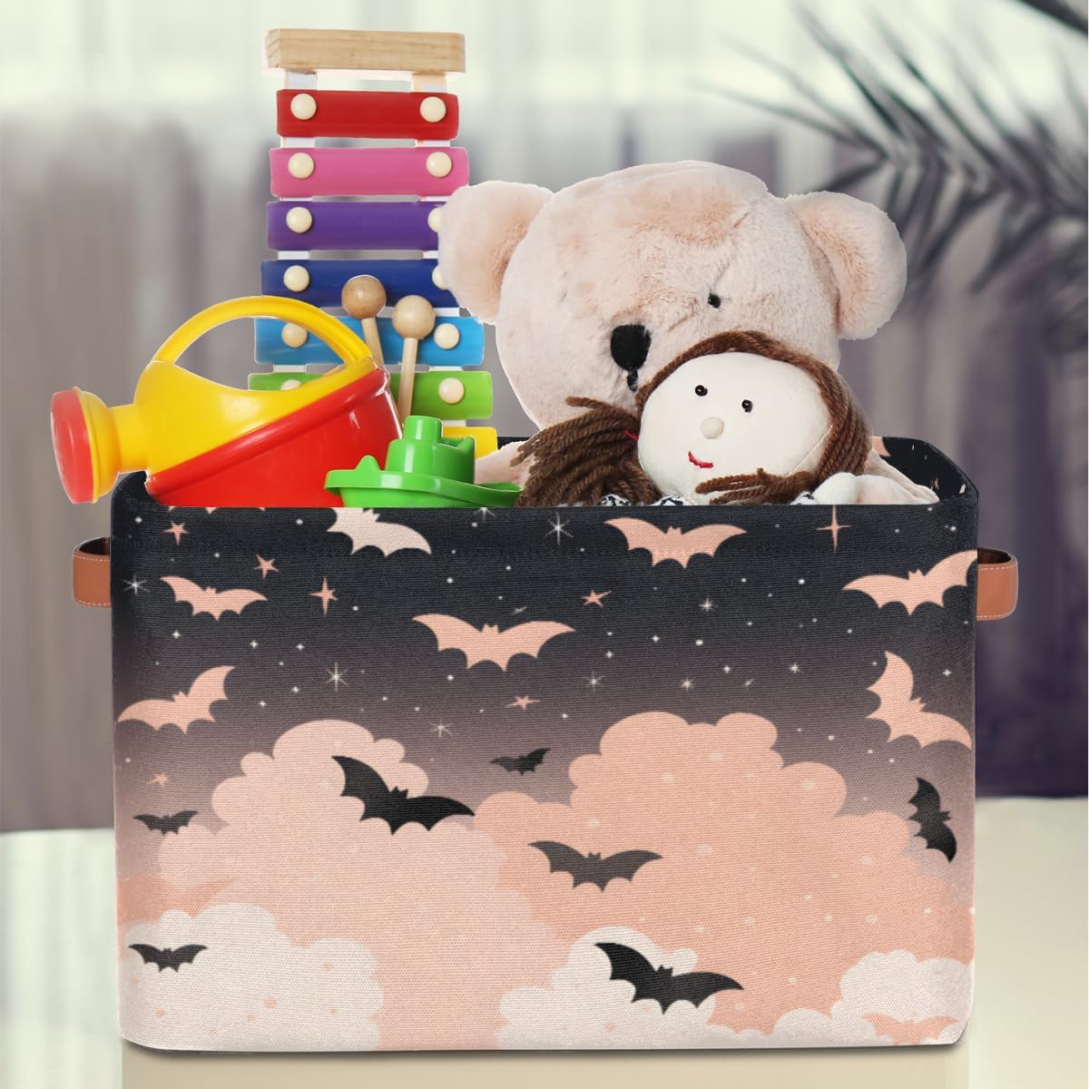 OMFUNS Bonita cesta de almacenamiento de murciélagos, plegable con asa de tela, caja de almacenamiento rectangular para armario, estantería, hogar,
