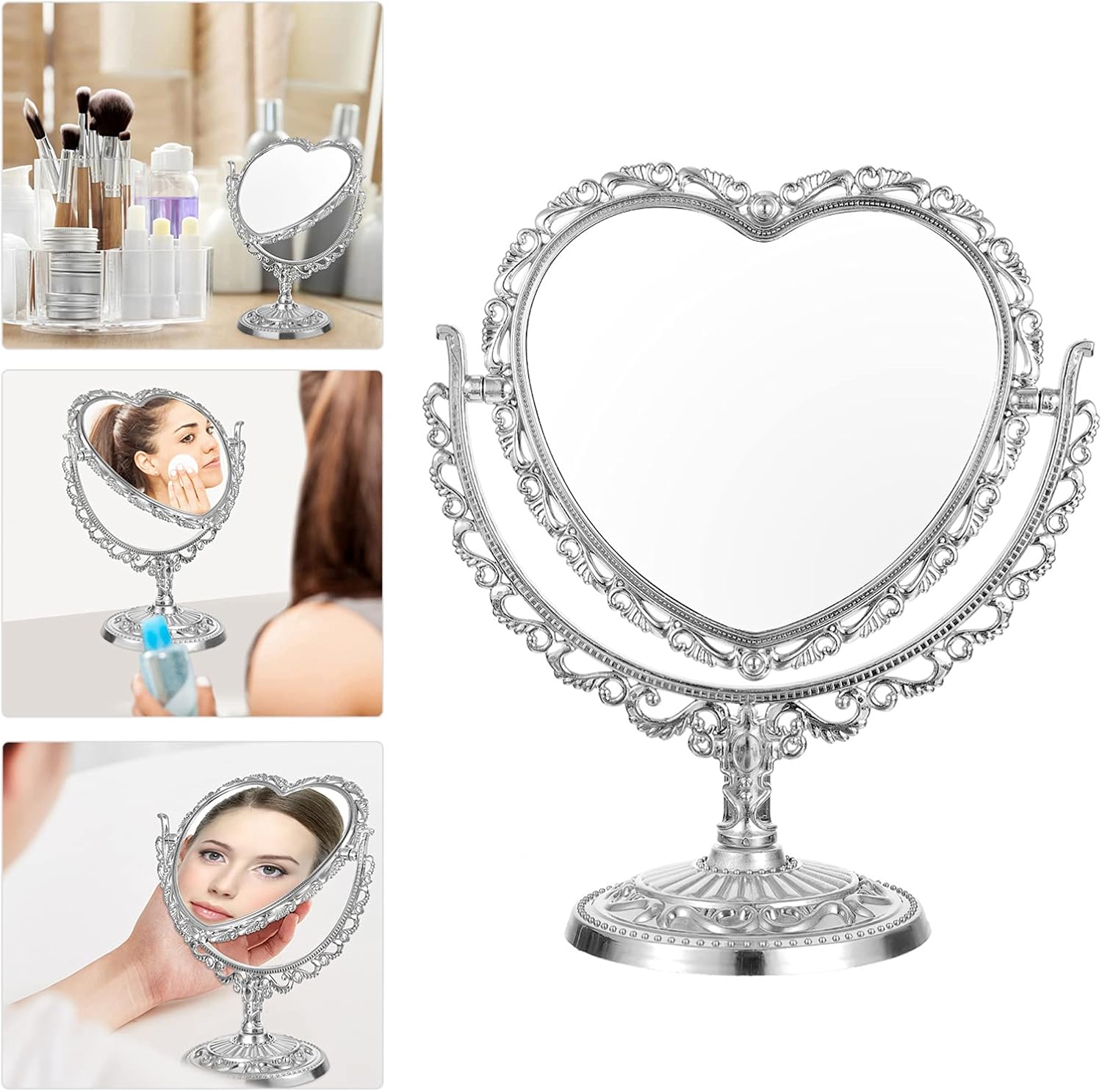 Uonlytech Espejo de belleza en forma de corazón, espejo de corazón plateado, espejo de corazón de doble cara para baño, dormitorio, espejo de regalo