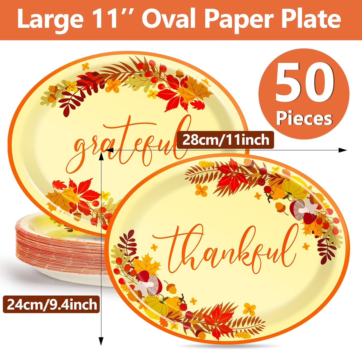 50 platos ovalados de papel de Acción de Gracias, grandes, desechables de 11 pulgadas, para fiesta de otoño, hojas de arce para dar gracias, bandeja
