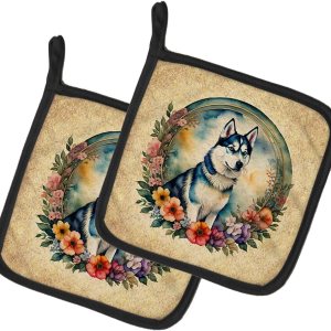 Caroline’s Treasures Siberian Husky and Flowers Pair of Pot Holders Kitchen Heat Resistant Pot Holders Sets Oven Hot Pads for Cooking Baking BBQ, 7 Caroline’s Treasures Siberian Husky and Flowers Pair of Pot Holders Kitchen Heat Resistant Pot Holders Sets Oven Hot Pads for Cooking Baking BBQ, 7