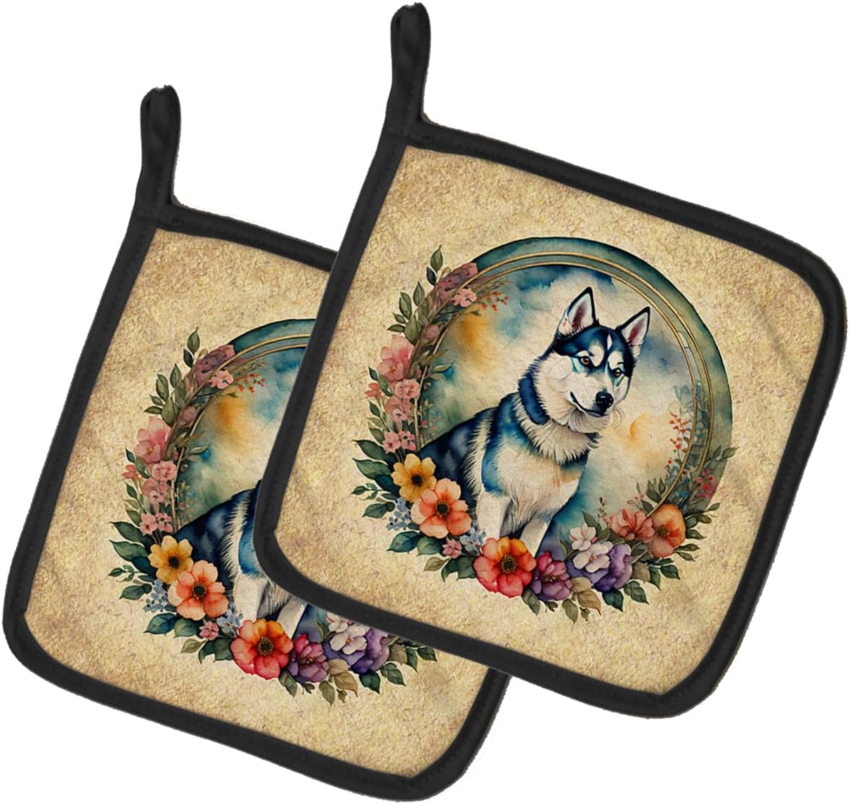 Caroline’s Treasures Siberian Husky and Flowers Pair of Pot Holders Kitchen Heat Resistant Pot Holders Sets Oven Hot Pads for Cooking Baking BBQ, 7