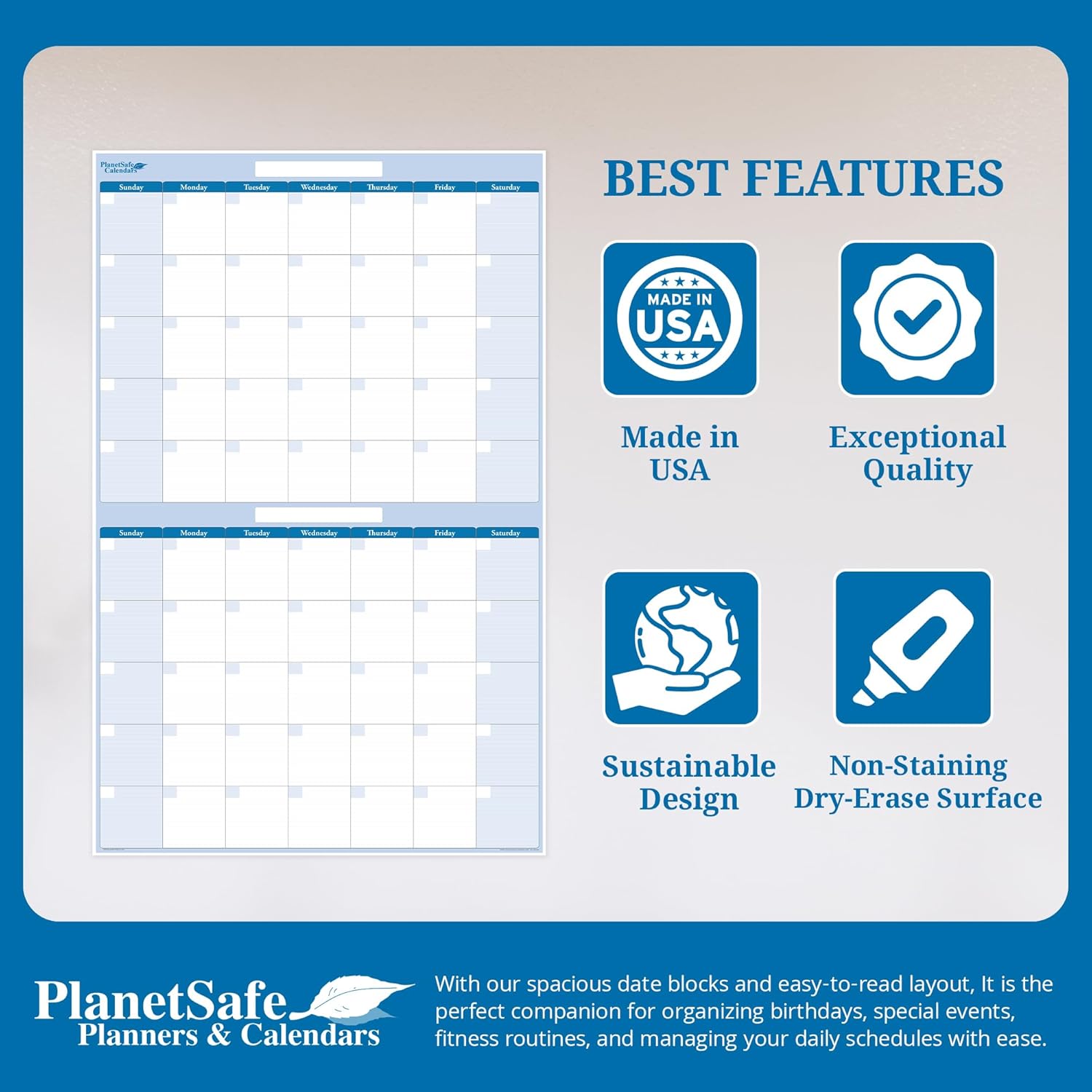 Earth Green – Calendario de pared grande borrable de 36 pulgadas de alto x 24 pulgadas de ancho para 60 días con 7 columnas, organizador de 7
