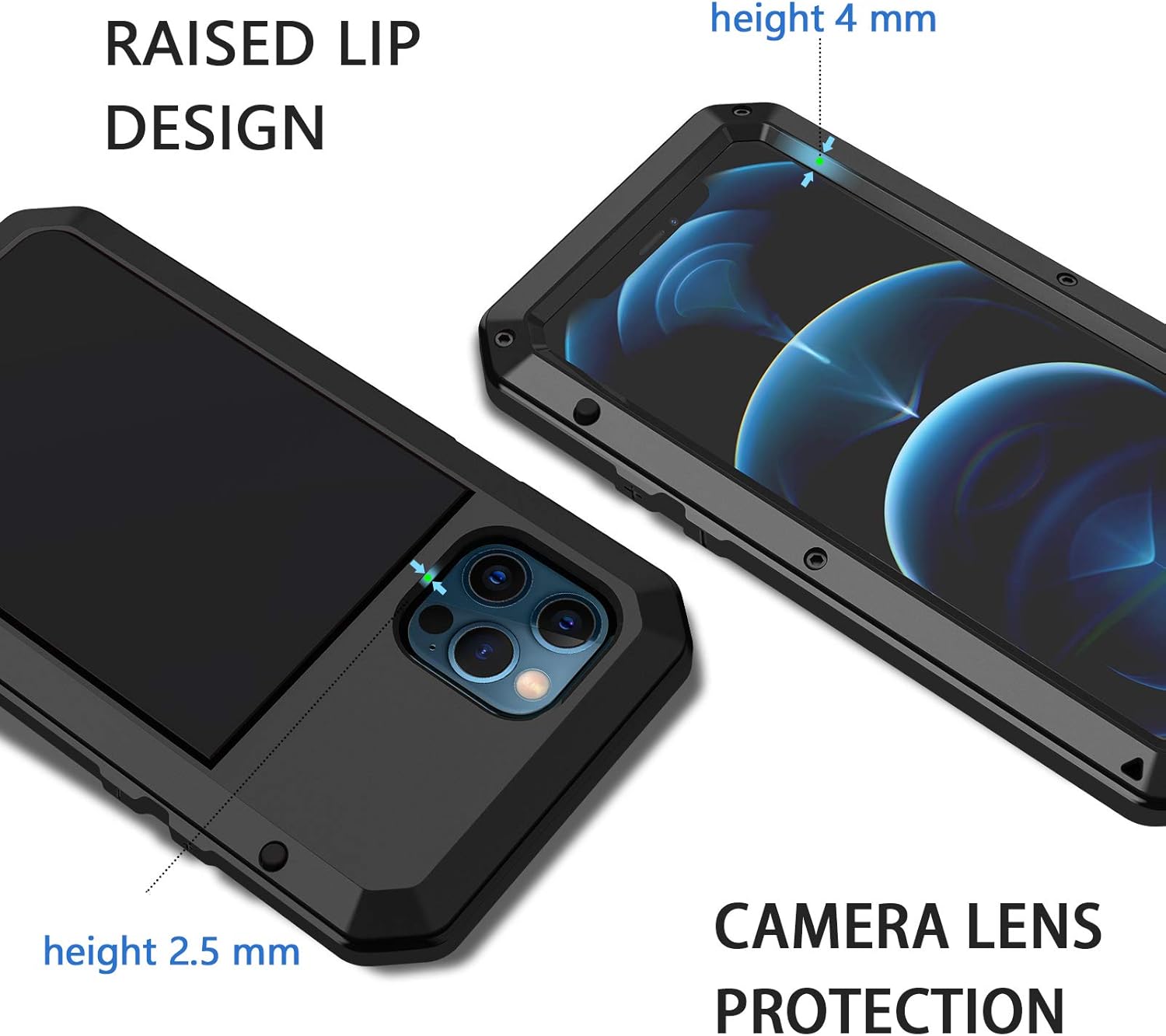 Lanhiem Funda de metal para iPhone 12, iPhone 12 Pro, resistente a los golpes, con protector de pantalla de vidrio integrado, funda protectora 360 a