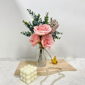 Isyende Flores de seda con jarrón, arreglo de flores artificiales con jarrón de vidrio, ramo de flores artificiales para decoración de centro de Isyende Flores de seda con jarrón, arreglo de flores artificiales con jarrón de vidrio, ramo de flores artificiales para decoración de centro de