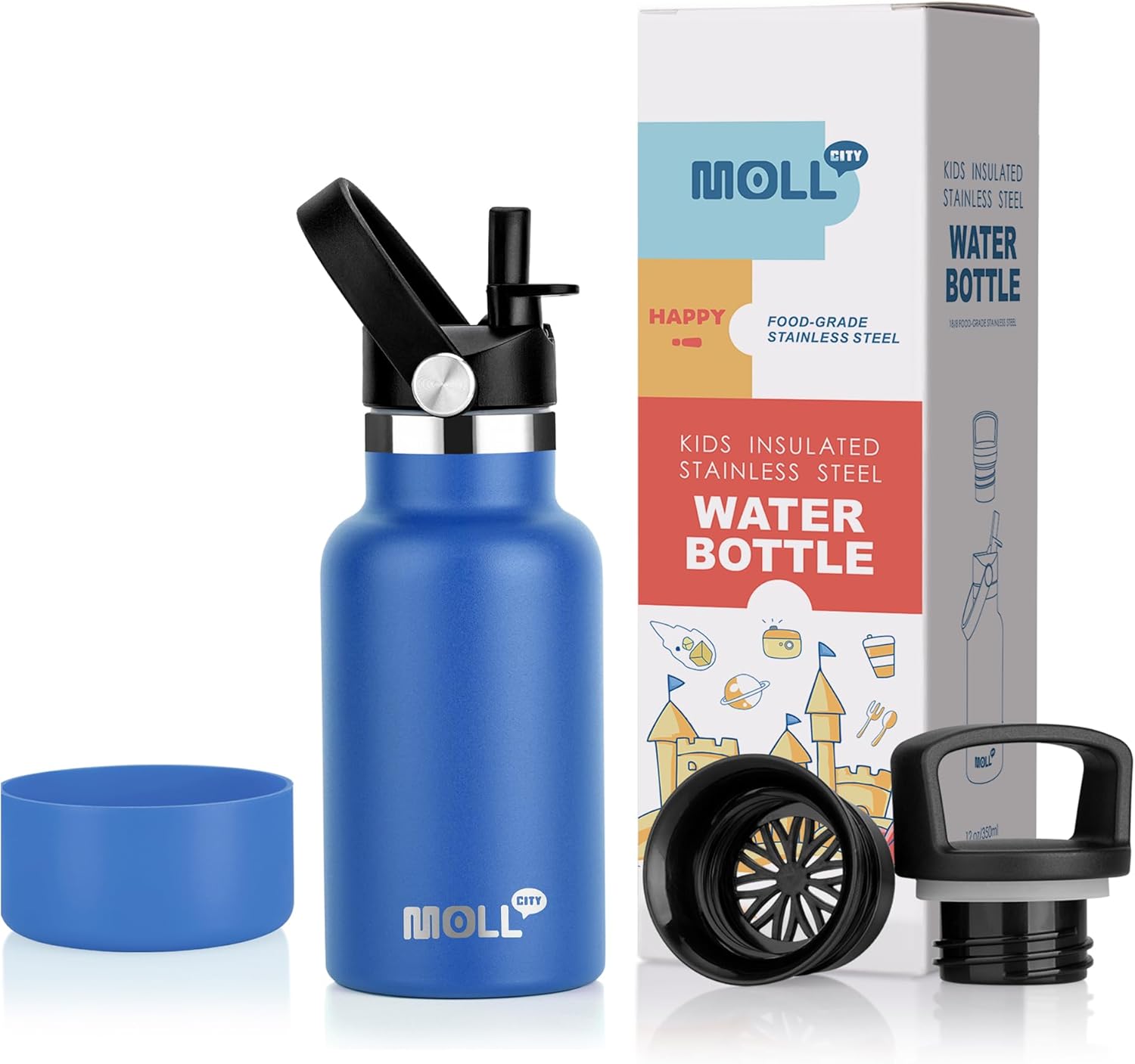 Botella de agua para niños de regreso a la escuela, botella de agua pequeña de acero inoxidable aislada al vacío de 12 onzas con pajita, botella de